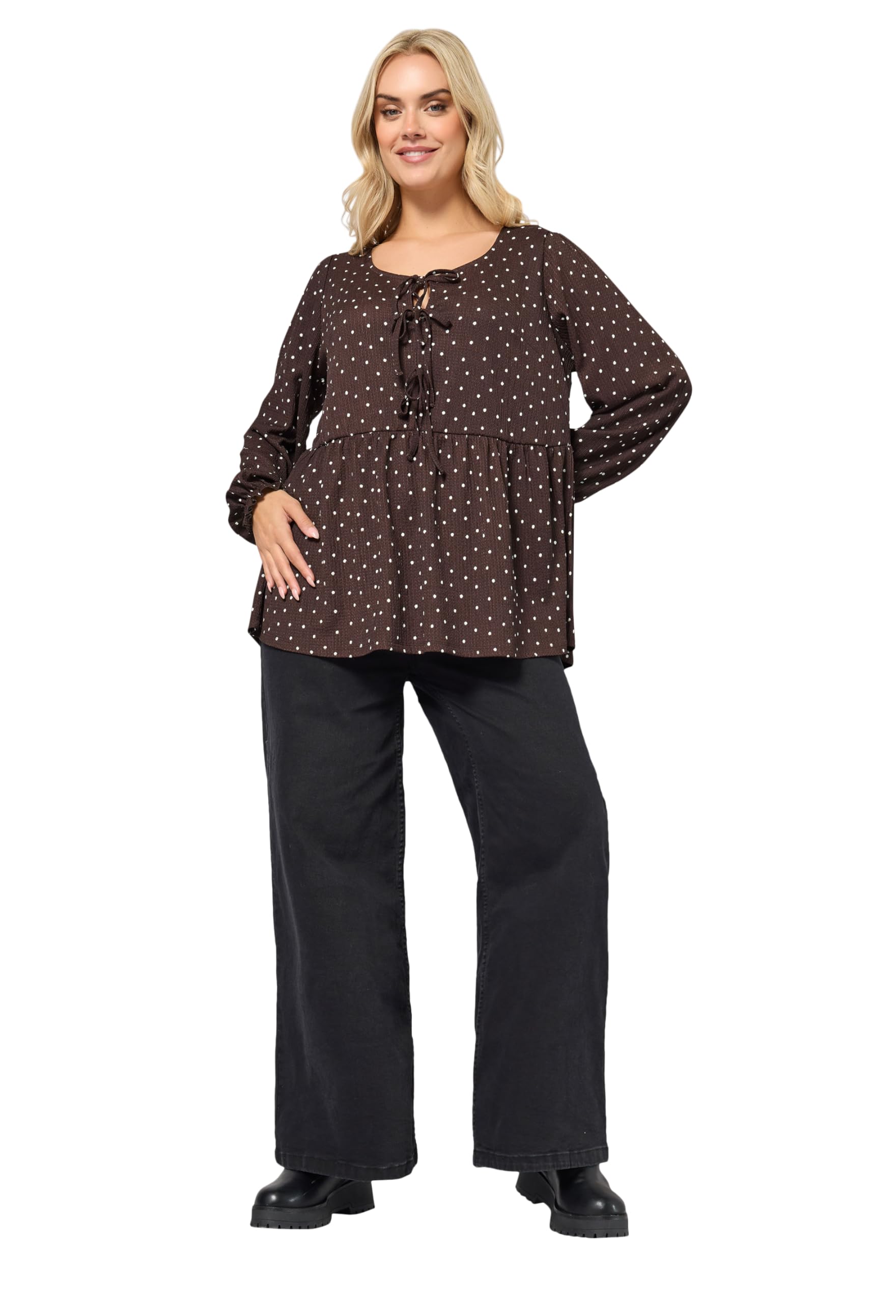 Yours Curve Chocolate Polka Dot Textured Peplum Top - Women's - Plus Size Curve