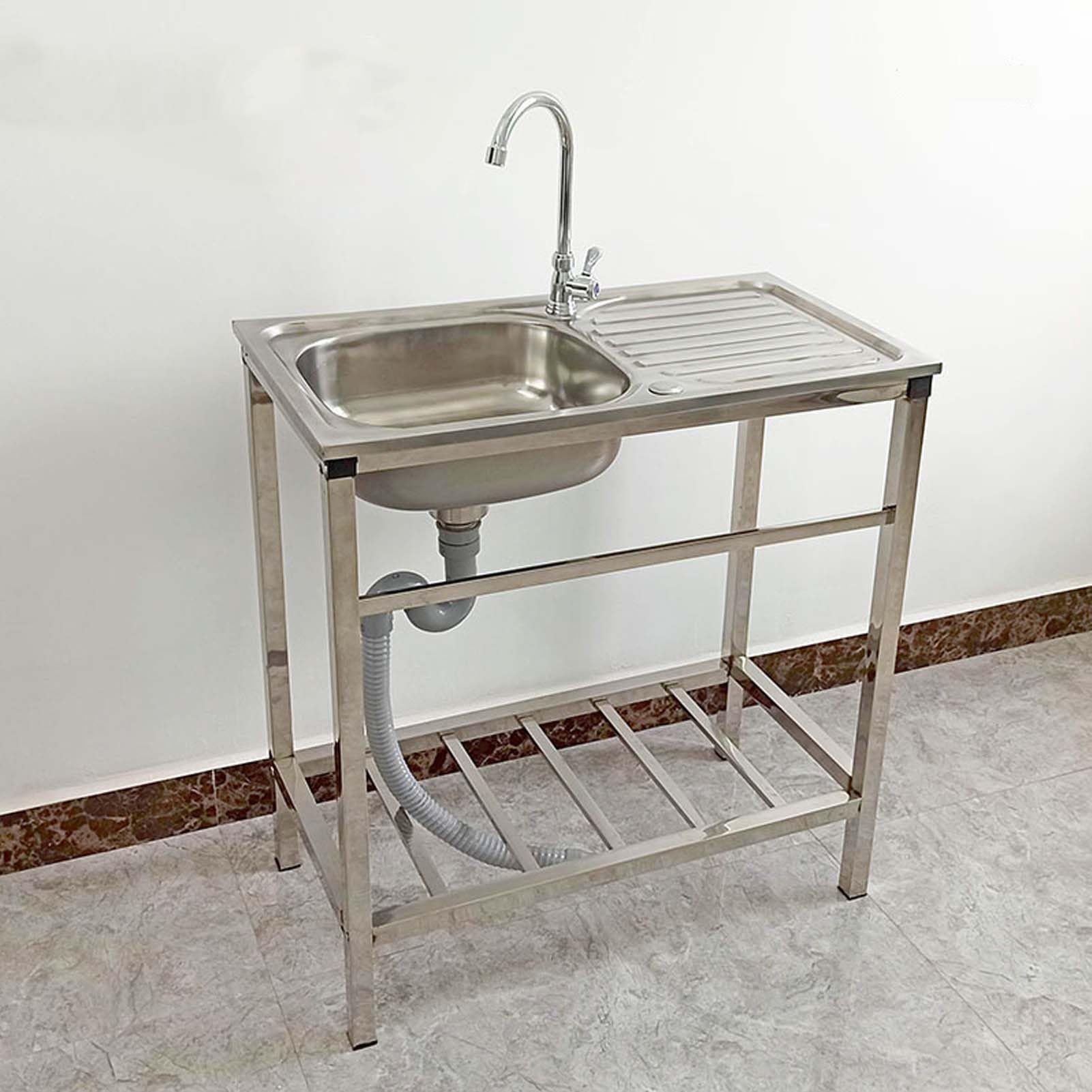 Fregadero De Cocina con Patas Exterior Jardin Mueble Fregadero De Acero Inoxidable Portatil Lavamanos Industriales con Grifo Estante Y Escurridor Pila De Lavar para Jardin Camping Garaje Comercial