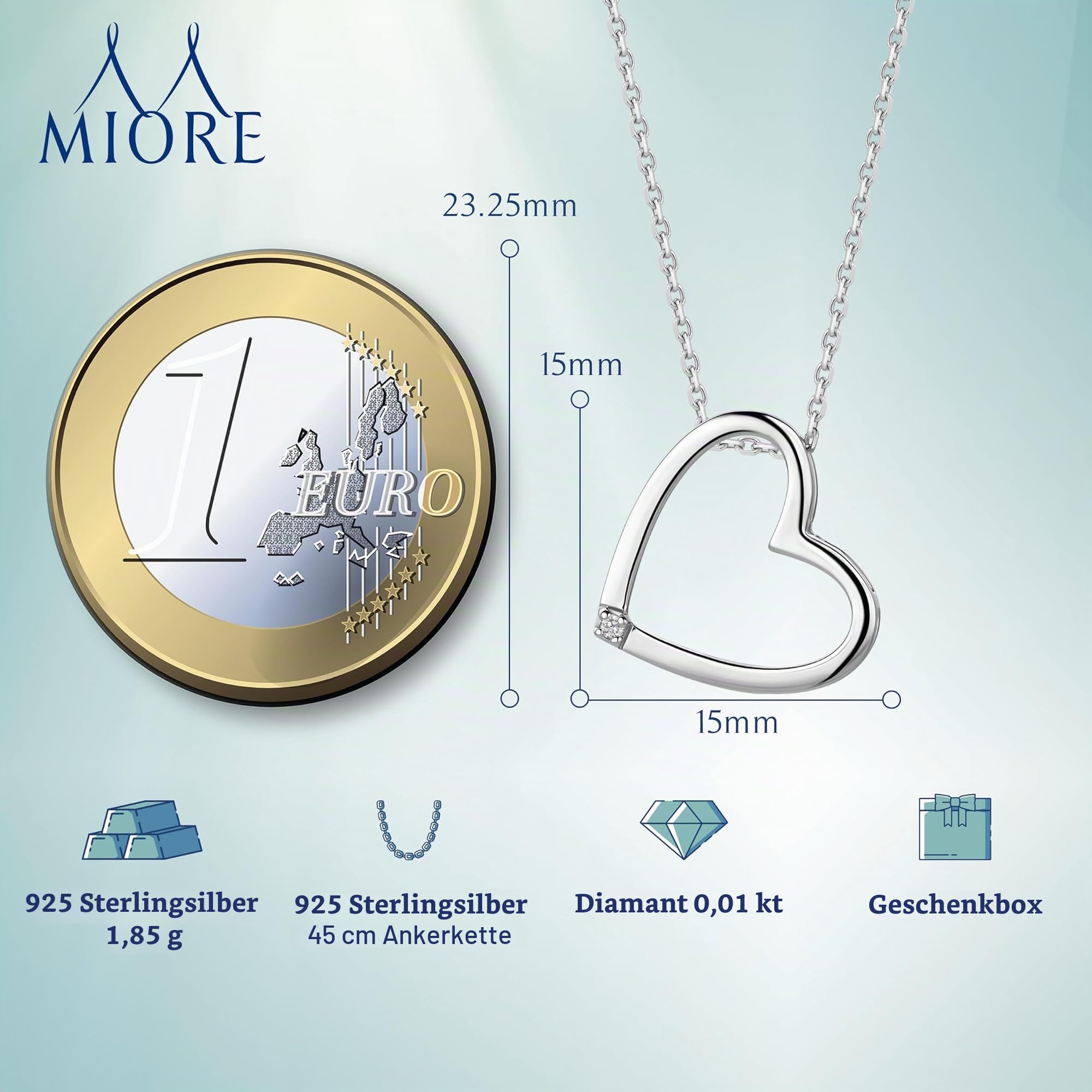 MIORE kette Silber 925 Damen- Herzkette, Halskette Damen, Kettenanhänger Silber Herz mit echtem Diamant, Hypoallergene Silberkette 45cm, Herz Anhänger, Silberschmuck, Schmuck Damen-in edler Schmuckbox