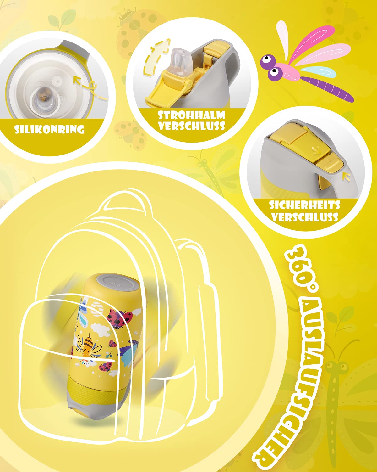 Fjbottle Borraccia Bambini Acciaio Inox con cannuccia 350ml, Borraccia Termica senza BPA, bottiglia da viaggio per scuola, campeggio
