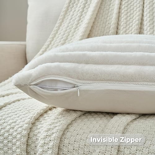 Miniatura 3 de FUTEI Juego de 2 fundas de almohada decorativas a rayas blancas crema de 14 x 14 pulgadas, fundas cuadradas para almohada decorativas de otoño,