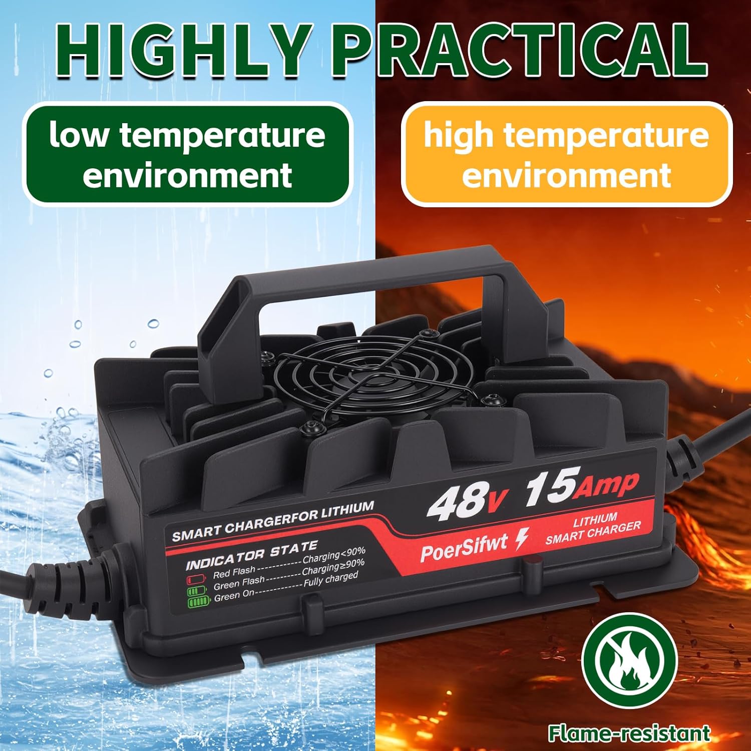 58.4V 15A Lithium Battery Charger for 48V Lifepo4 Battery Packs with Waterproof M8 Connector, LED Indicator, 6 Protections, Fast Charging, for Forklift & Solar Storage - Image 6