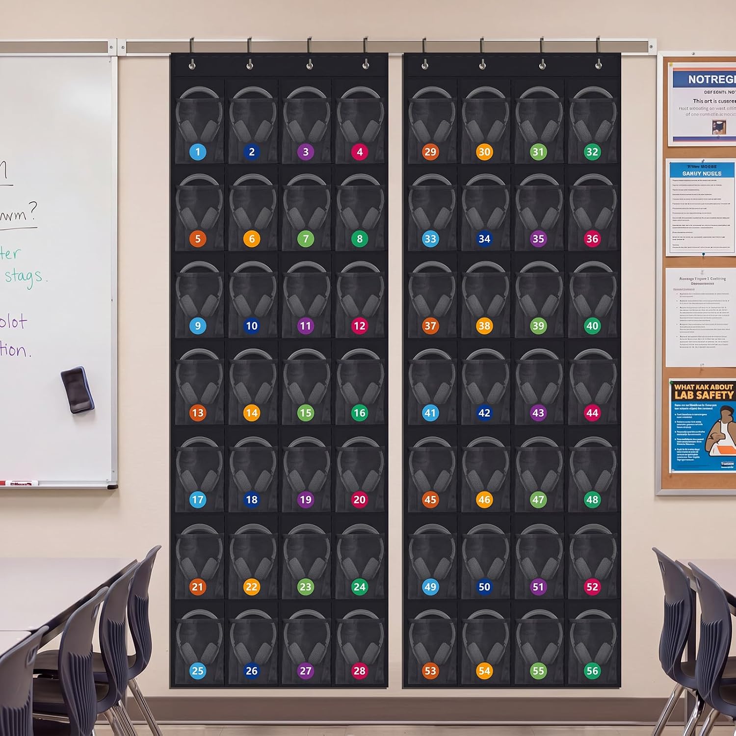 AmazingSpark 2 Pack Classroom Headphone Storage Organizer with 56 Pockets, PVC Clear Classroom Pocket Chart for Headphone Over The Door Hanging Cell Phones Holder Bag with Digital Stickers(Black)