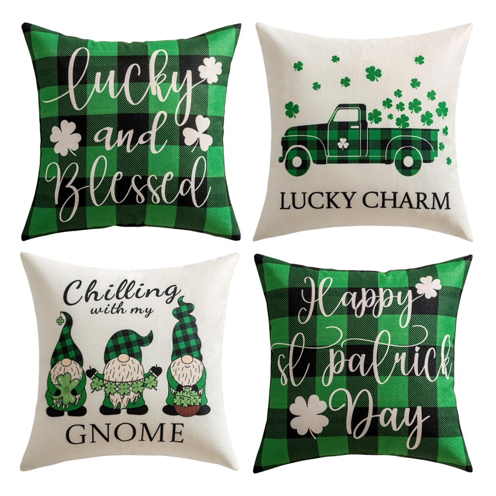 MIULEEMIULEE ST Patricks Day Throw Pillow Covers 18x18 Inch Set of 4 Happy ST Patricks Day Decor Lucky Charm Blessed Hat Clover Decorative Linen Pillowcases Cushion Covers for Sofa Living Room Bed