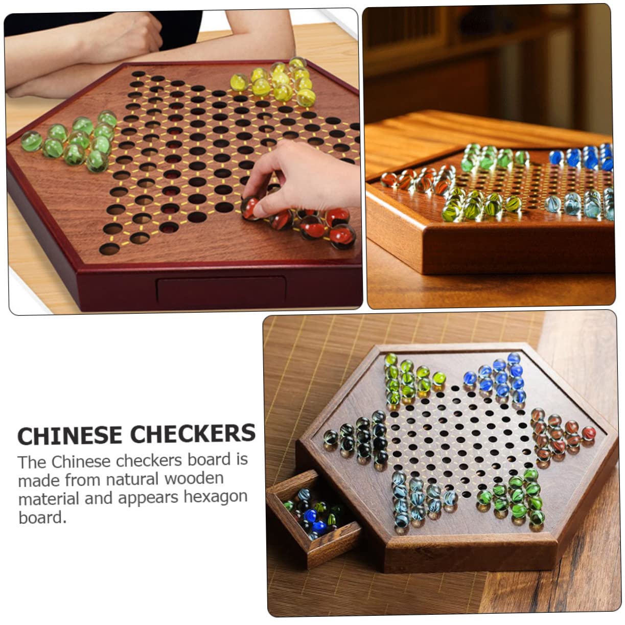 Damas Chinas de Madera Hexagonales con Cajones, Juego de Tablero