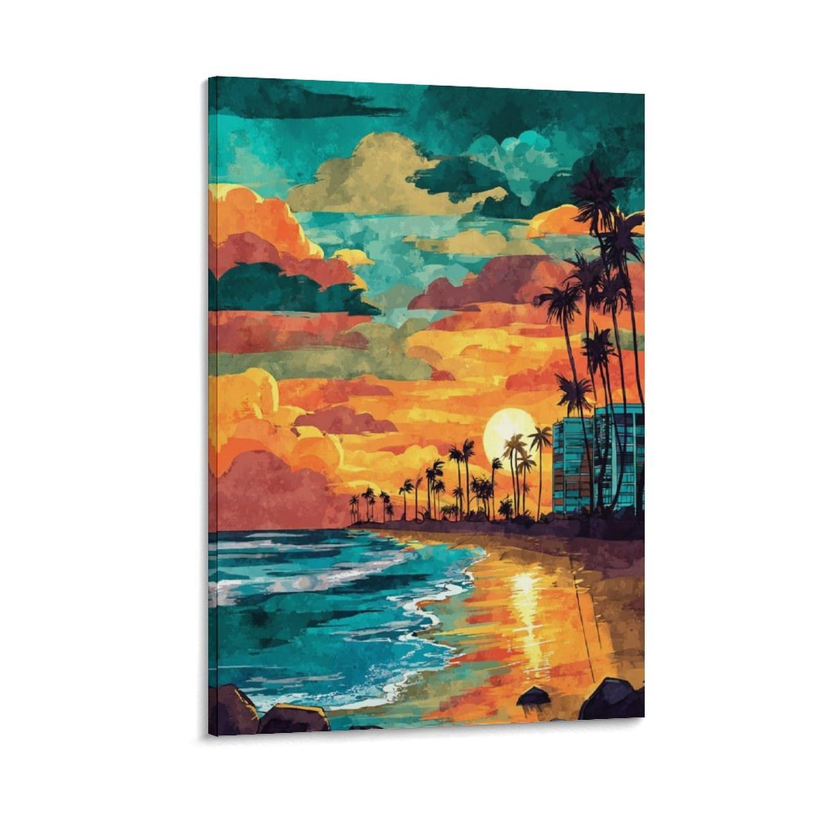 Miami Beach Posters 20x30inch(50x75cm) Vintage Watercolor Canvas Art