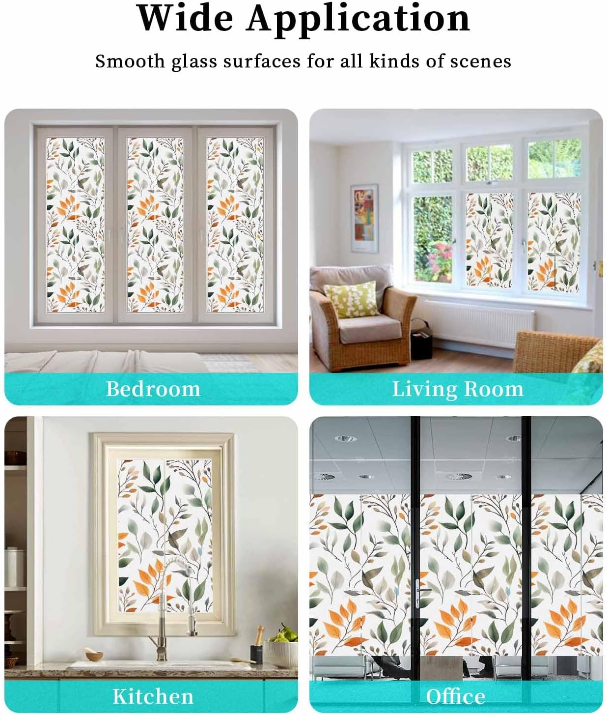 Green Orange Eucalyptus Window Privacy Film Decorative Stained Glass Window Film Summer Watercolor Botanical Leaf Static Windows Clings Sticker for Glass Door, 35.4"x78.7" Blackout Windows Cover