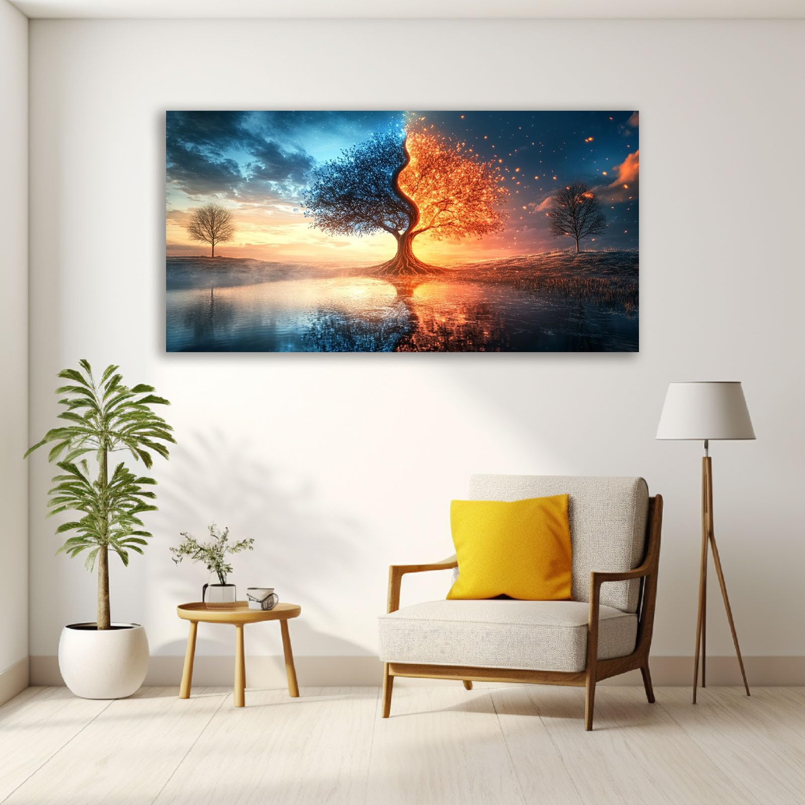 JOSUE Granatowe drzewo życia, płótno zachód słońca, nowoczesna dekoracja do salonu, sypialni - naturalne obrazy krajobrazowe (srebrne 29) - 60 x 120 cm, oprawione