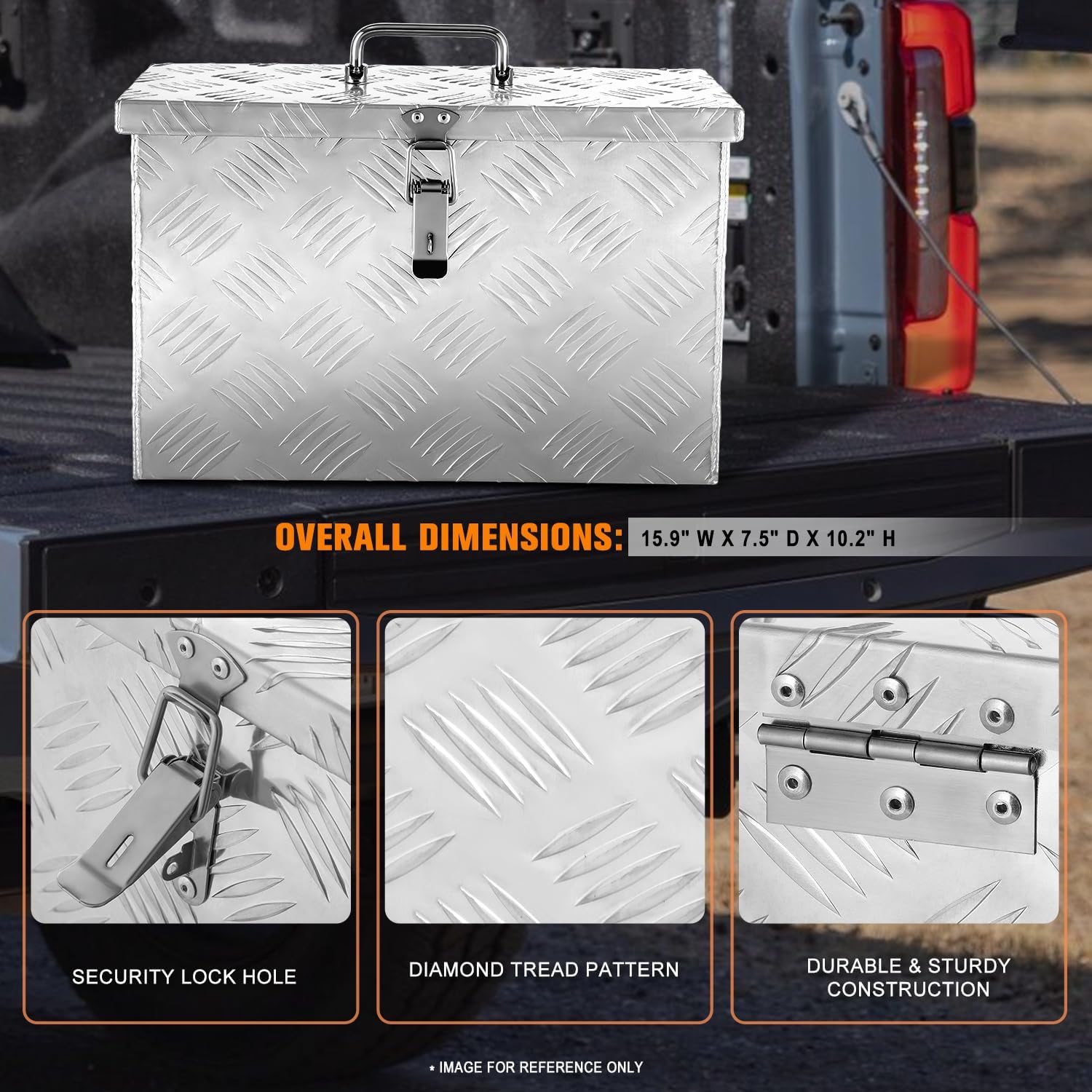 PM PERFORMOTOR Heavy Duty Diamond Plate Tool Box, Waterproof Square Truck Storage Organizer Chest, with Fixed Top Handle, Latch with Hole, 15.9'W x 7.5"D x 10.2"H, Silver