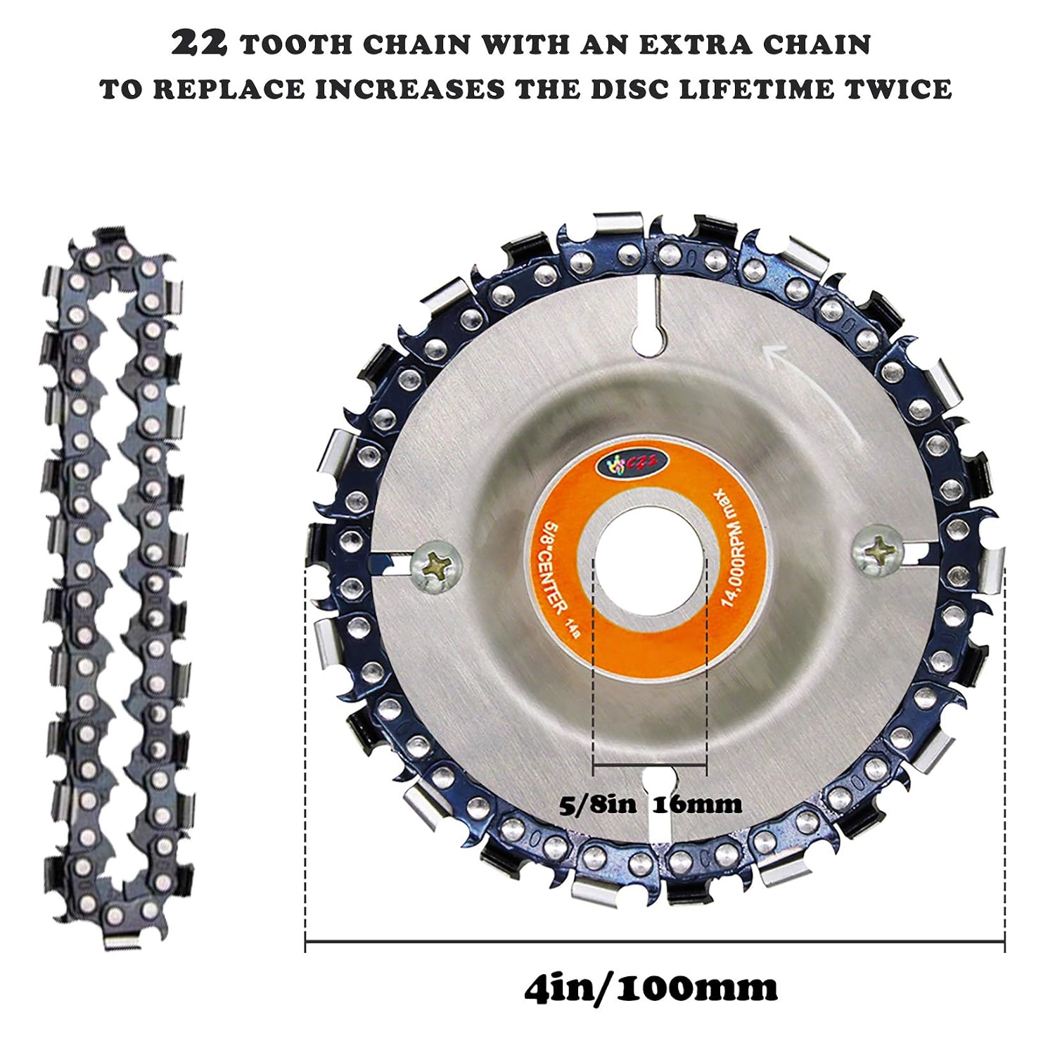 Wood Carving Disc,IRmm 4 Inch Angle Grinder Chain Disc Double Saw Teeth Anti-Kickback Woodcarving Saw Blade,22 Teeth, 5/8" Arbor (2 Pack)