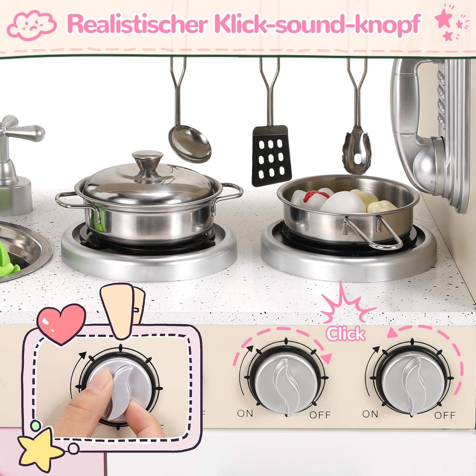 Cucina Legno per Bambini, Cucina Giocattolo per Bambini, Cucina per Bambini in Legno 81x74x30 cm, con Effetti Simulati di Luce e Suono, Dotata di Accessori da Cucina, Rosa