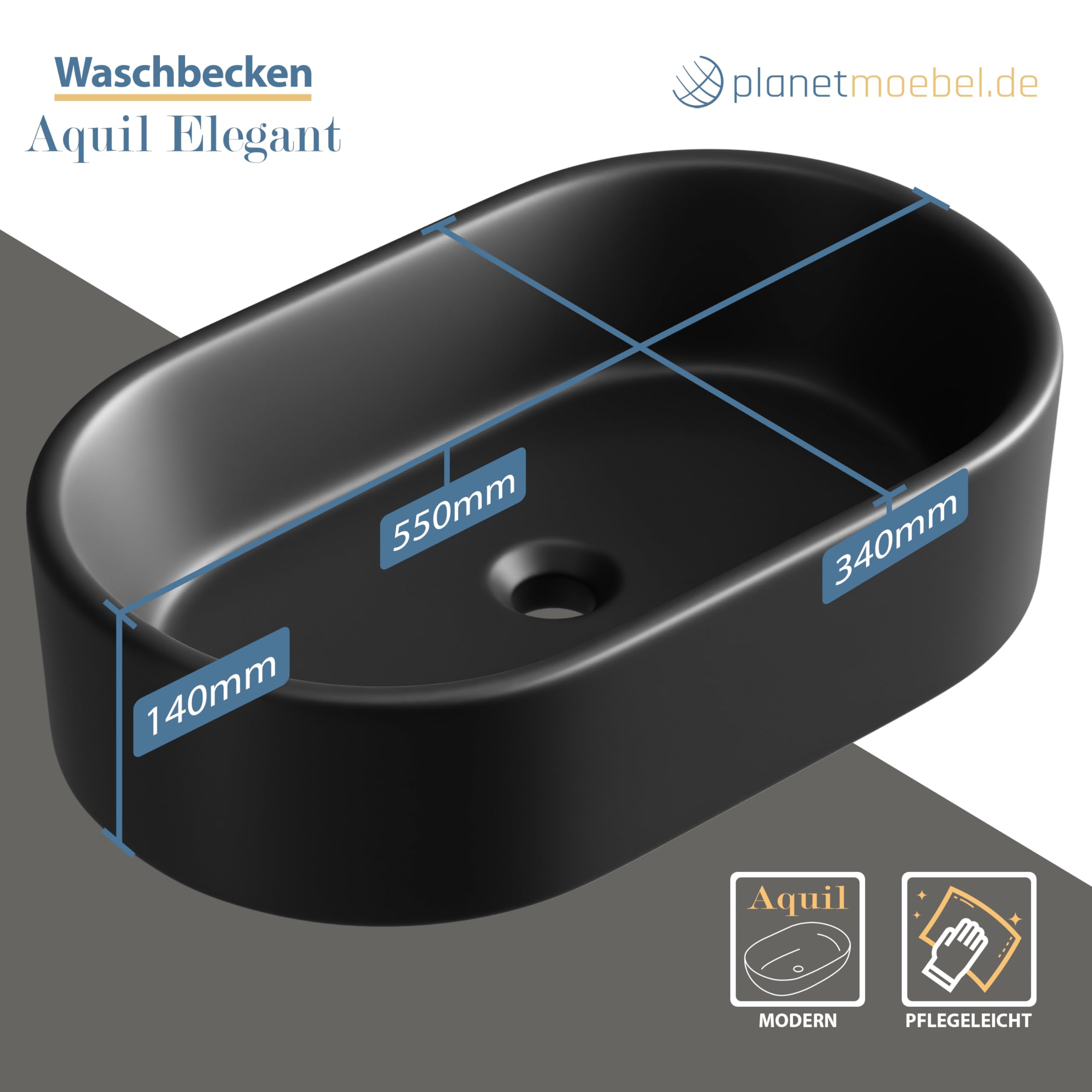 Planetmöbel Aquil Elegante lavabo ovale | Lavabo da appoggio per bagno e WC degli ospiti | Lavabo a mano senza foro per rubinetto e troppopieno, nero, 55 x 34 x 14 cm