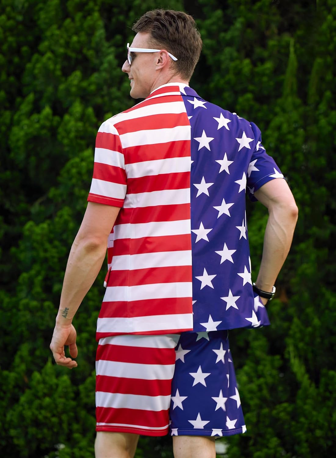 Mainfini Men's 3 Pcs American Flag Suit 4th of July Blazer with Shorts Tie (S-XXL)