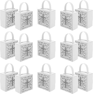 TEHAUX 25pcs White Cross Treat Boxes with Handles for Baptism and Communion Parties, Paper Gift Bags with Protective Packaging and Elegant Hollow out Design, Small Favor Boxes for Cookies