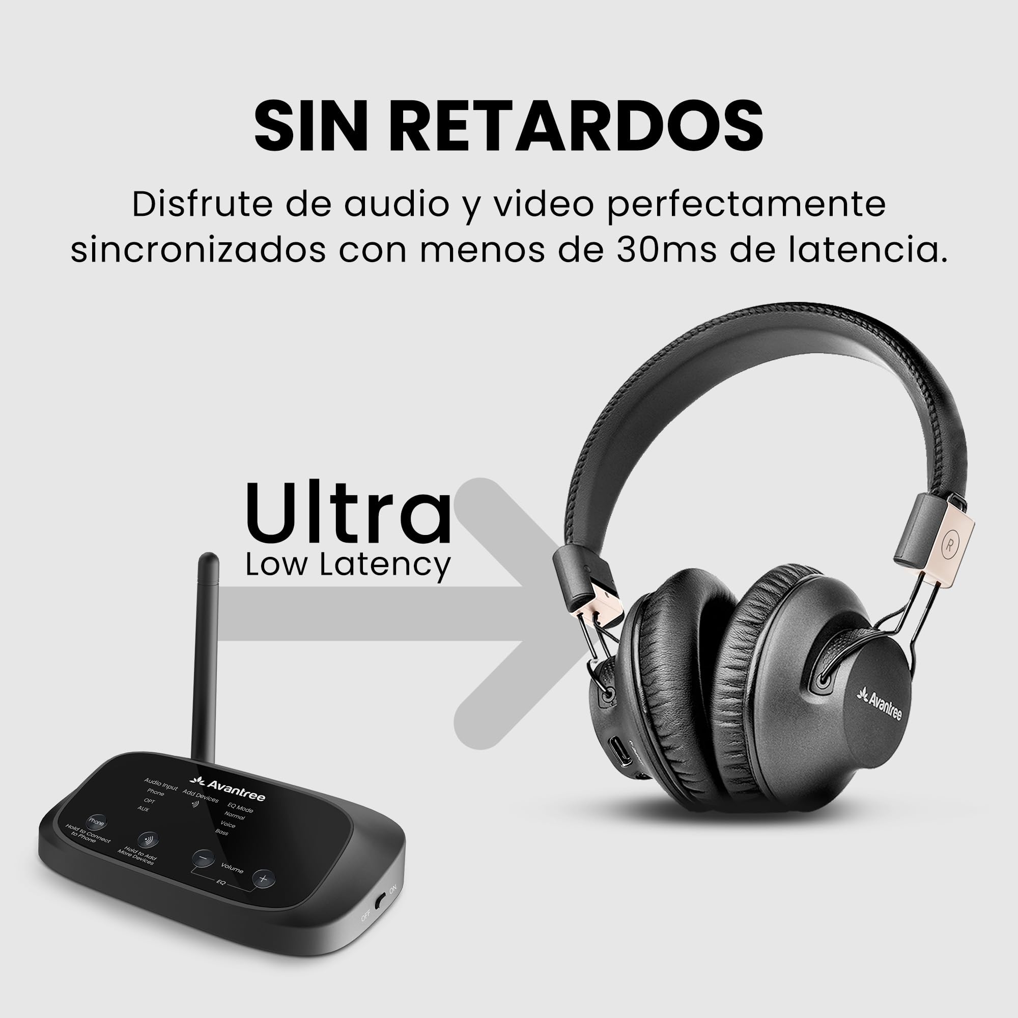 Avantree Quartet 2 - Sistema de Escucha en Grupo inalámbrico Compatible con Bluetooth para TV, Discoteca silenciosa, Baja latencia y Voces claras - Conecte múltiples Auriculares a teléfono, PC, TV