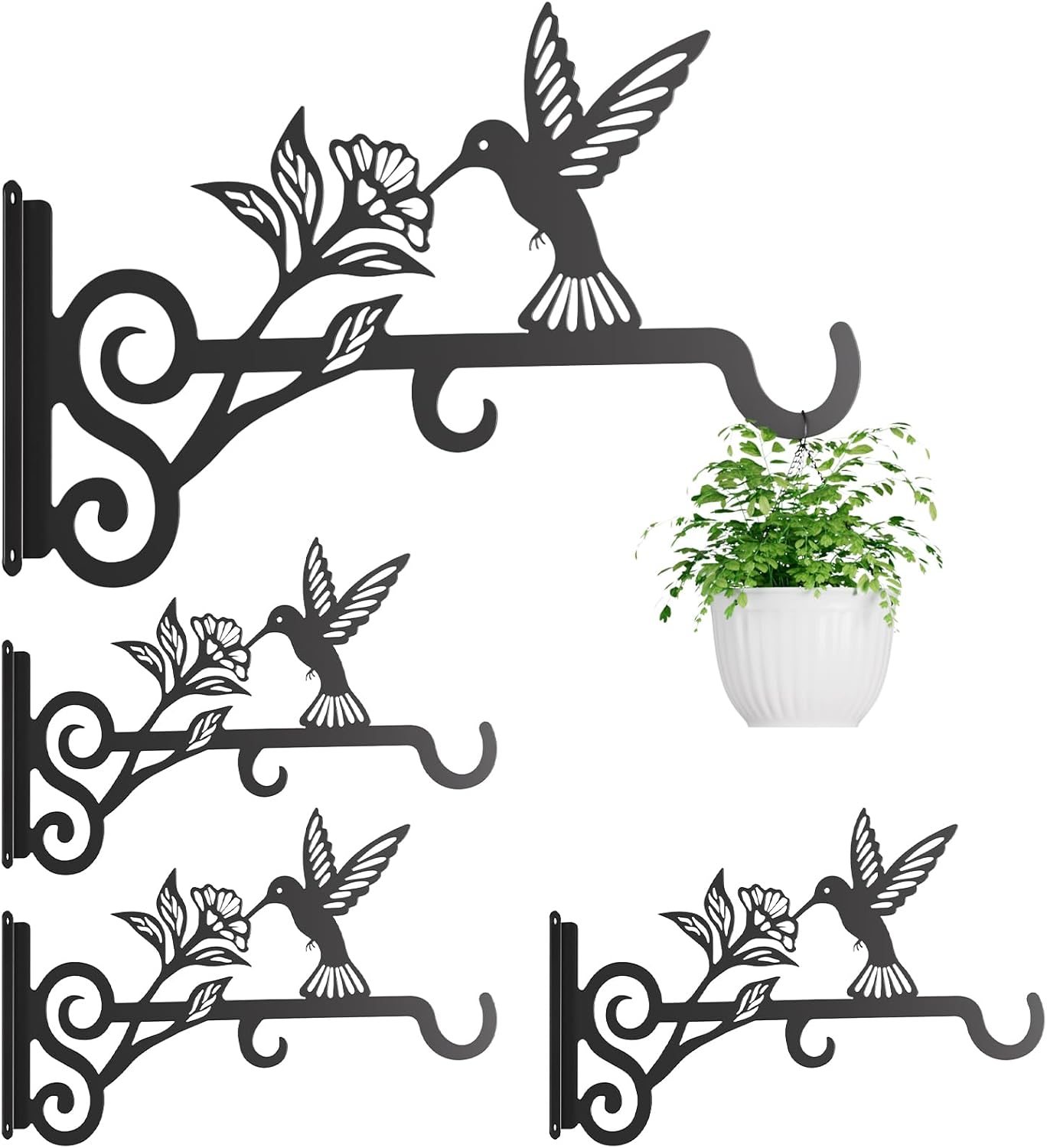 2-Pack Aesthetic Plant Hangers Outdoor – 10 Inch Metal Hanging Plant Bracket with Beautiful Hummingbird Pattern – Anti Rust Plant Hooks for Hanging Plants, Bird Feeder, Windchime, Lantern