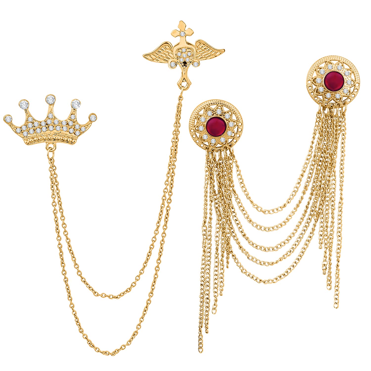 Mahi Combo of Layered Chains and Crown Shape Wedding Brooch with Maroon, White Crystals for Men (CO1105481G) (B0BKT4CVQS) Amazon Price History, Amazon Price Tracker