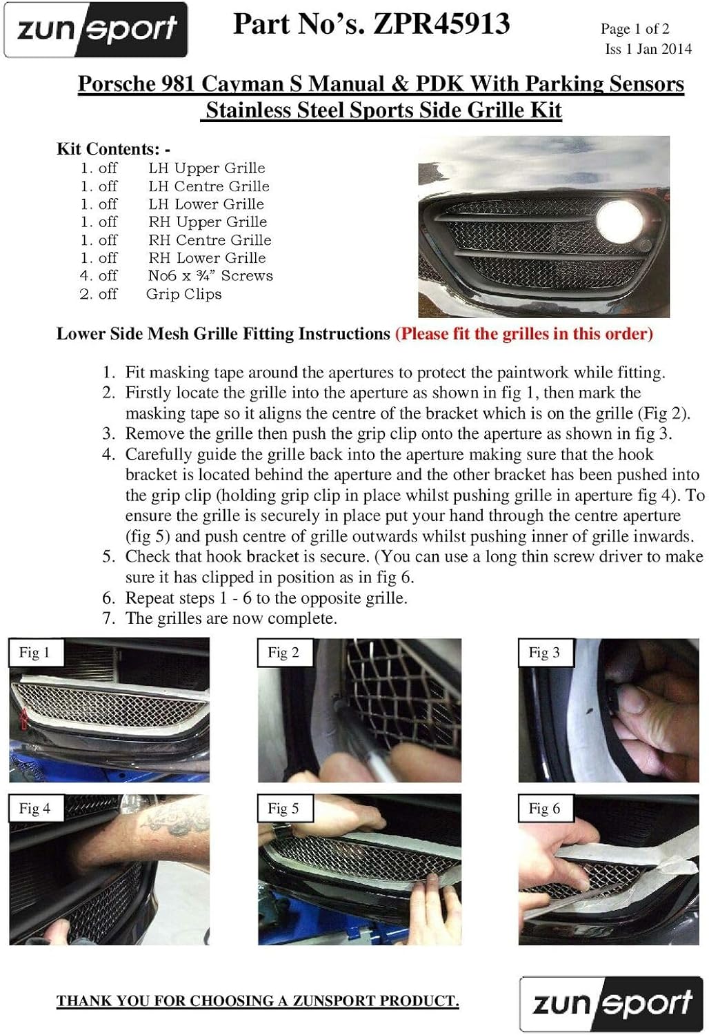 Zunsport Compatible With Porsche Cayman S 981 (Manual/PDK with Parking Sensors) - Outer Grill Set - Black finish (2012 to 2016)