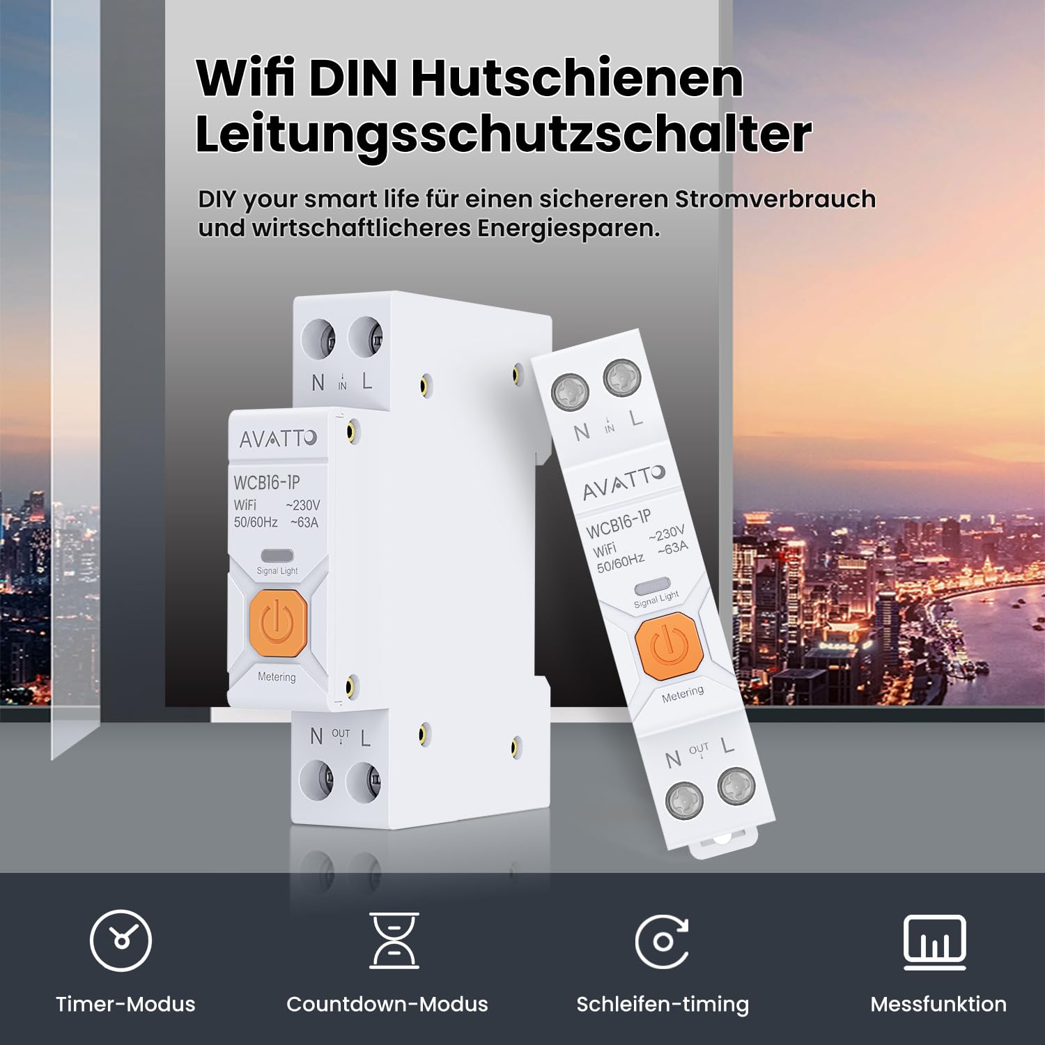 MIUCDA Smart Life WiFi 1P DIN Rail Switch with features like timer, countdown, loop timing, and metering