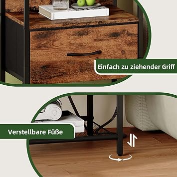 Somdot Bedside Table with Charging Function LED Socket (1USB 1Type-C) for Bedroom Living Room Children's Room Bedside Cabinet Bedside Cabinet 30D x 40W x 59.5H (1 Fabric Drawers) Wood Grain