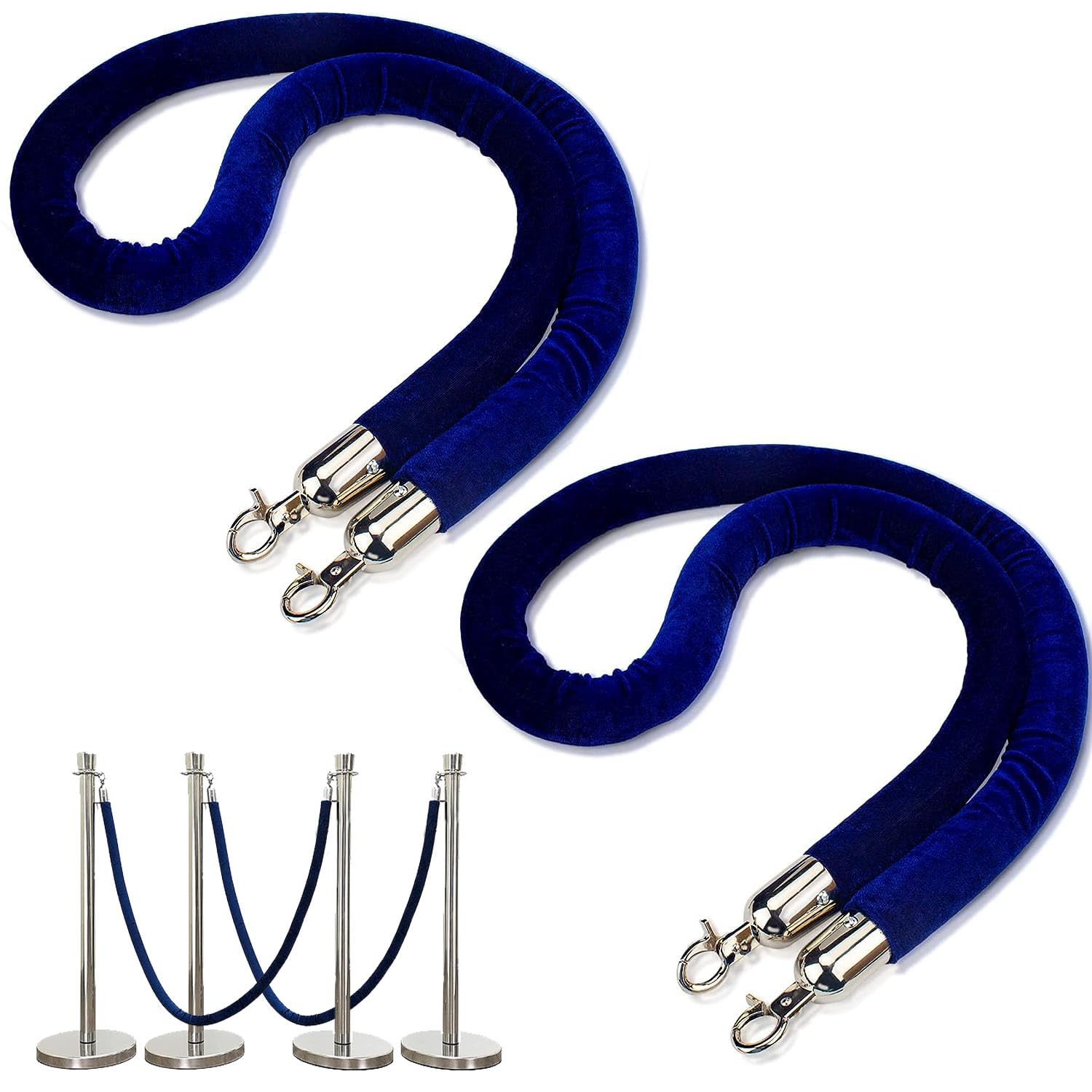 Pack de 2 Cuerda Terciopelo Azul Barrera Separadora 150 x 3cm – Con Extremos de Presión – Cinta para Persona Guiar Delimitar Personas