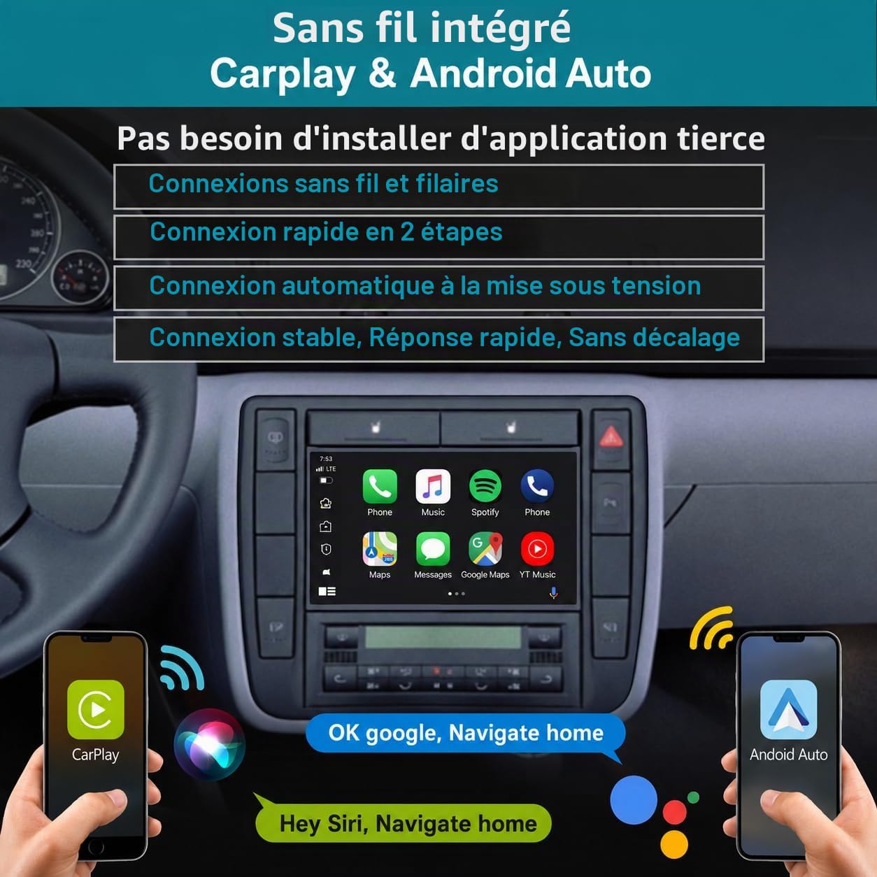 Autoradio Écran CarPlay sans Fil pour VW Golf 4 Polo 3/4 Passat B5 DSP RDS
