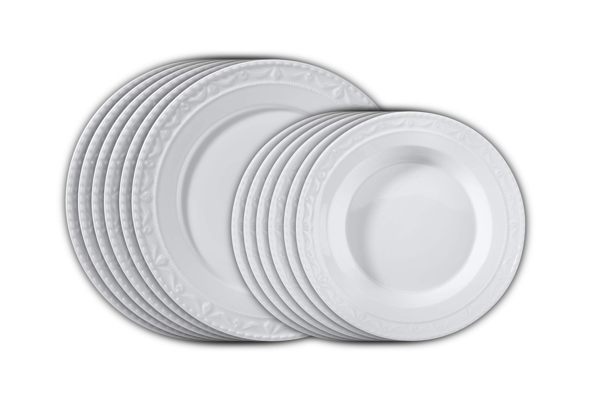KPM Berlin Kurland zastawa stołowa dla 6 osób, z białej porcelany, 12-częściowy zestaw talerzy obiadowych i talerzy do zupy, ręcznie wykonana w pudełku prezentowym