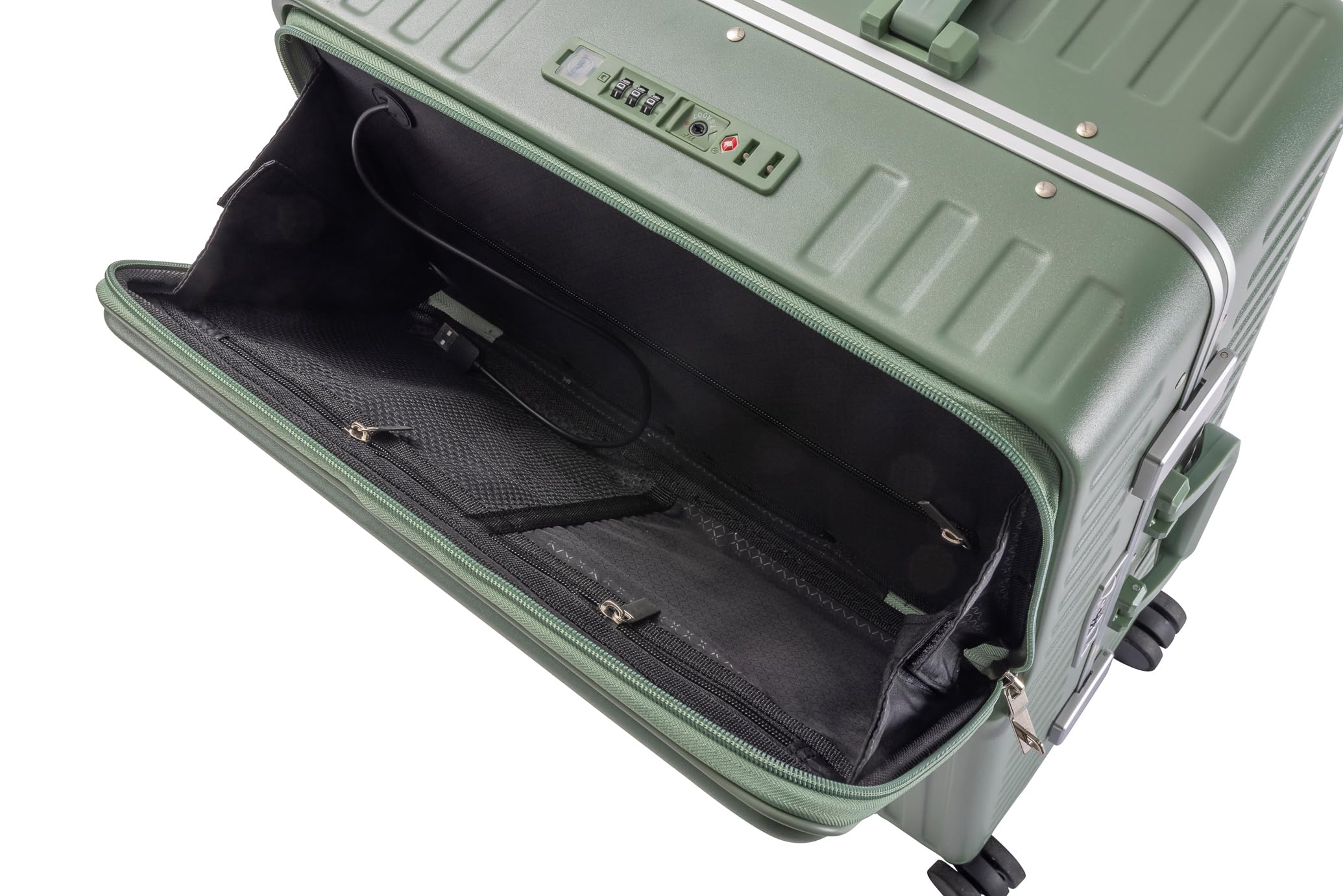 Travelhouse Roma Reisekoffer mit USB & Getränkehalter, Hartschale, Alu-Rahmen, Extrafach, 2xTSA, 65x40x25 cm, Salbeigrün