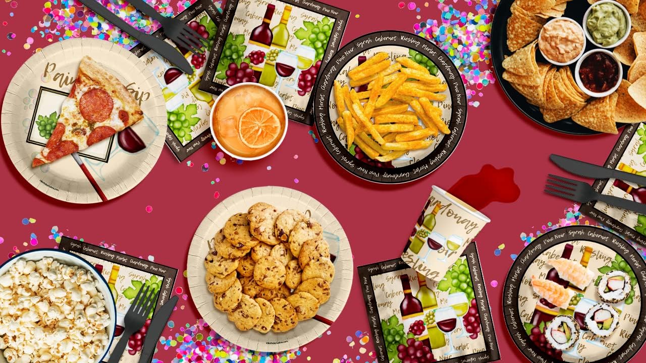 Birthday Galore Paint and Sip Party Supplies - 64 Piece Wine Bridal Shower Tableware Set Includes Large 9" Dinner Plates and 8" Dessert Paper Plates Napkins Cups - Kit for 16