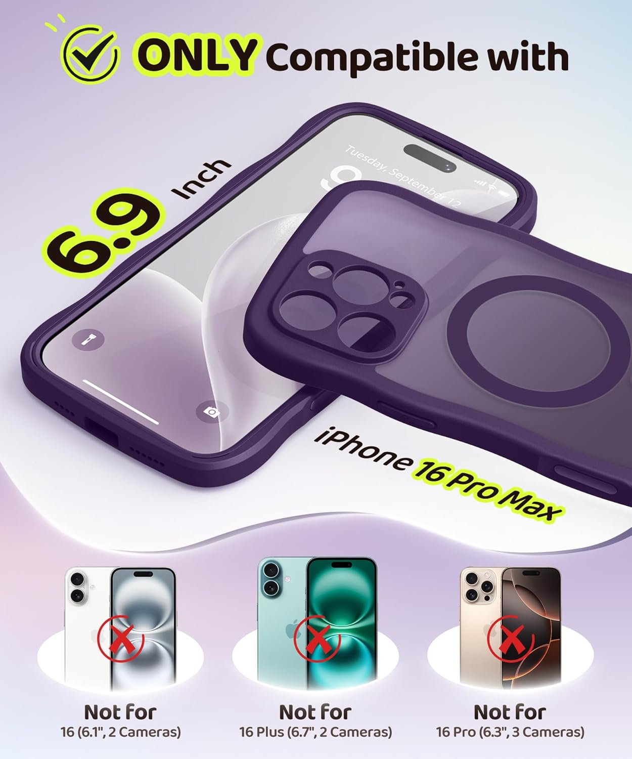 BERFY for iPhone 16 Pro Max Case for Women Girls,[Compatible with MagSafe][Built-in Glass Screen Protector and Camera Protection] Cute Wave Matte Full Body Phone Case for iPhone 16 Pro Max,Deep Purple - Image 6