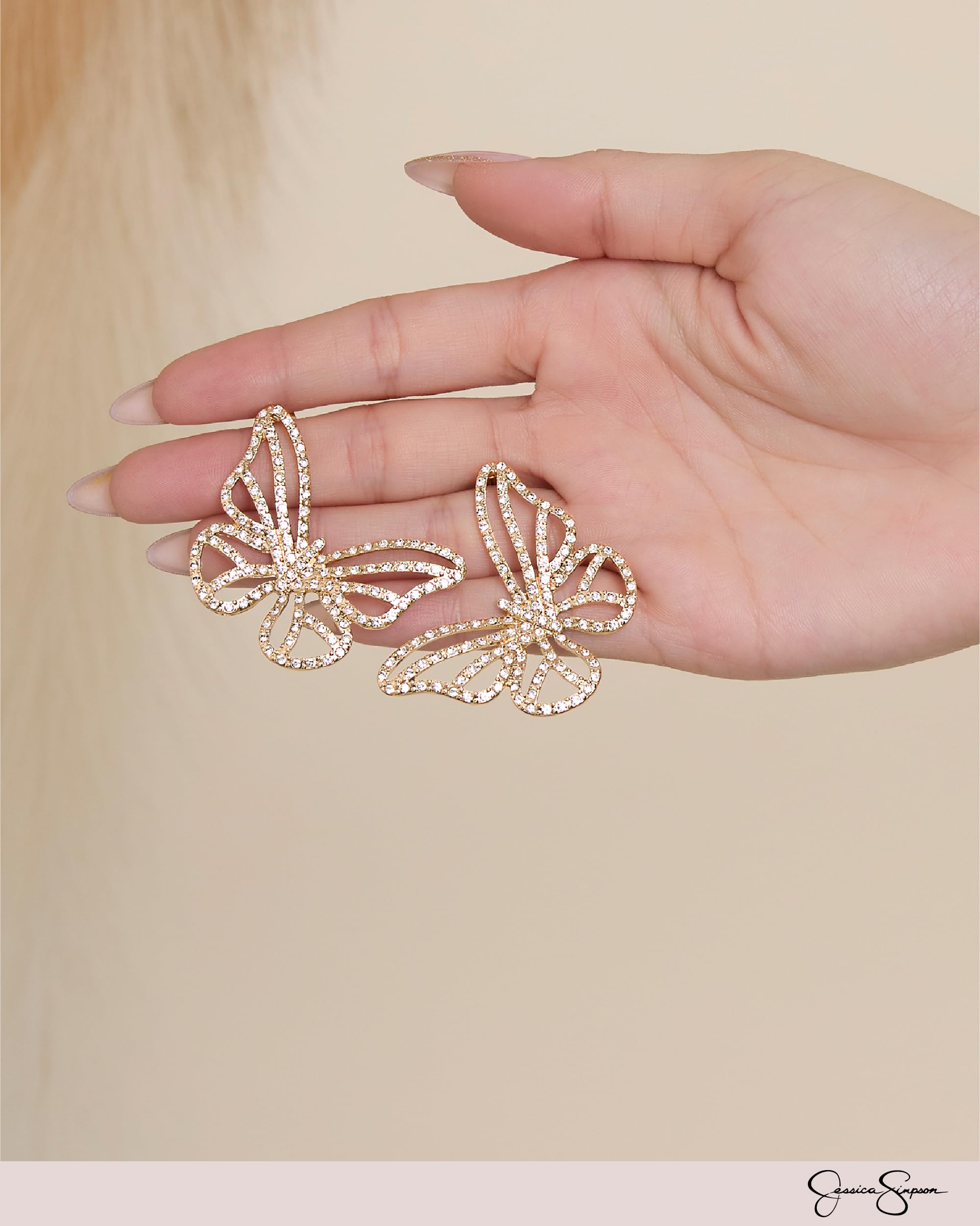 Jessica Simpson Butterfly Statement Earrings for Women – Gold-Tone Crystal Rhinestone Dangle Earrings – Glam Sparkly Jewelry