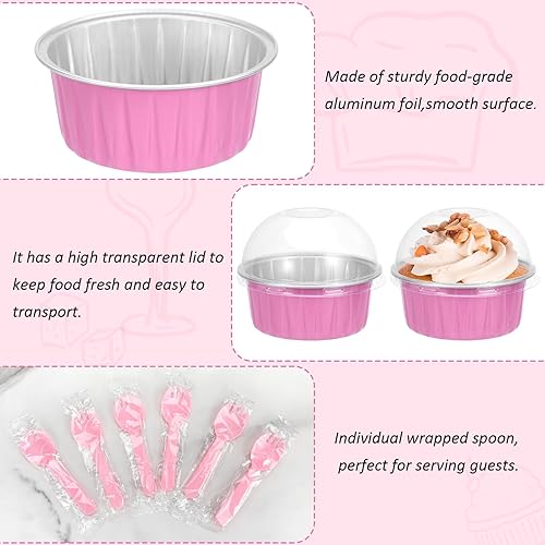 Miniatura 3 de JuneHeart Mini moldes para pasteles con tapas y cucharas (paquete de 100 moldes redondos desechables de 5 onzas), moldes desechables de aluminio