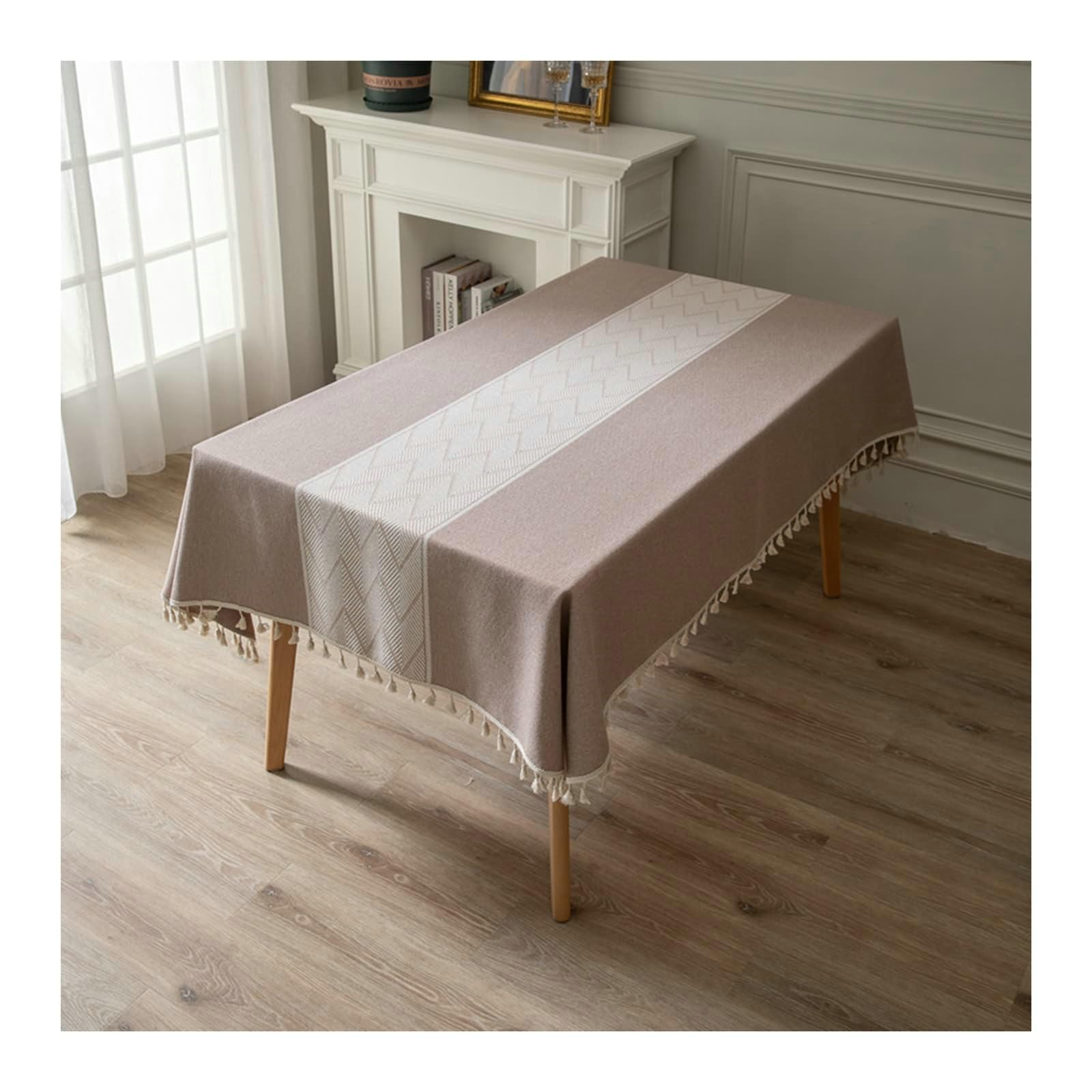 Gualiy Manteles Tela Mesa Rectangular, Poliéster Algodón Mantel Comedor 140x220CM Manteles Mesa Antimanchas Rayas Onduladas con Borlas Mantel para Mesa Cocina, Caqui