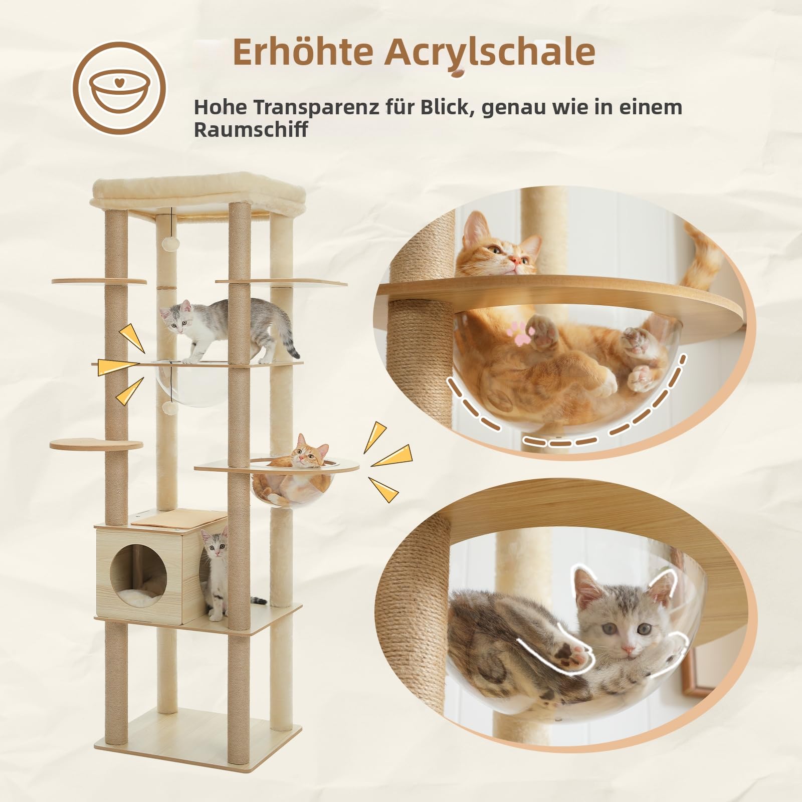 PETEPELA Árbol rascador para gatos grandes, 181 cm, madera multietapa, con gran cueva, hamaca grande y más columna para rascar, color beige