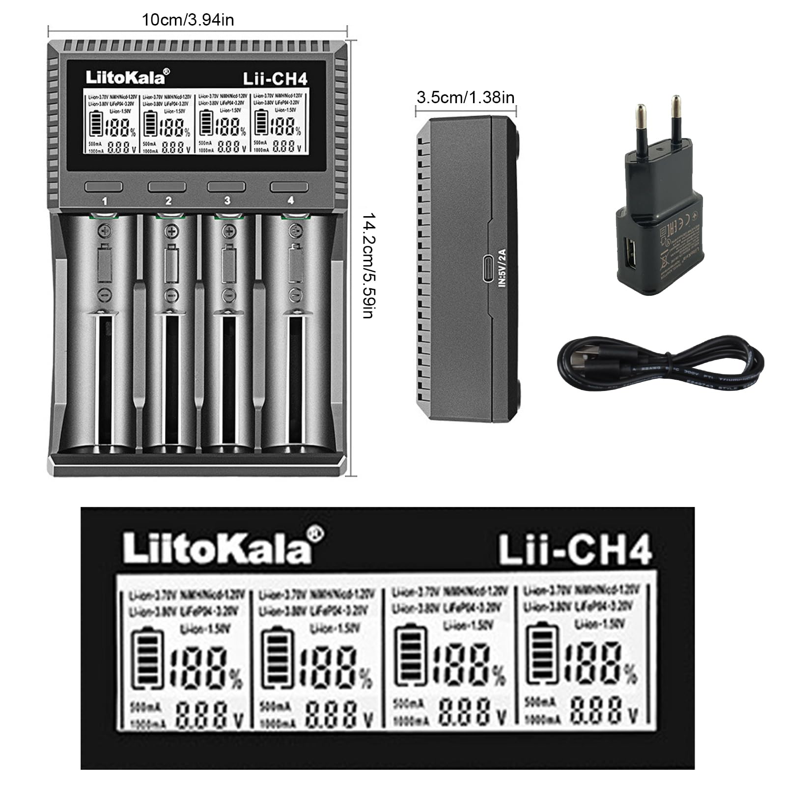 Szybka ładowarka Liitokala LII-CH4 z 4 wnękami do akumulatorów litowo-jonowych 1,5/3,7 V/3,85 V i LiFePO4 3,20 V i NiMH/NiCd 1,2 V, 10440,14500,16340 (RC123), 17500 0,1766 70,AA, AAA, SC, C