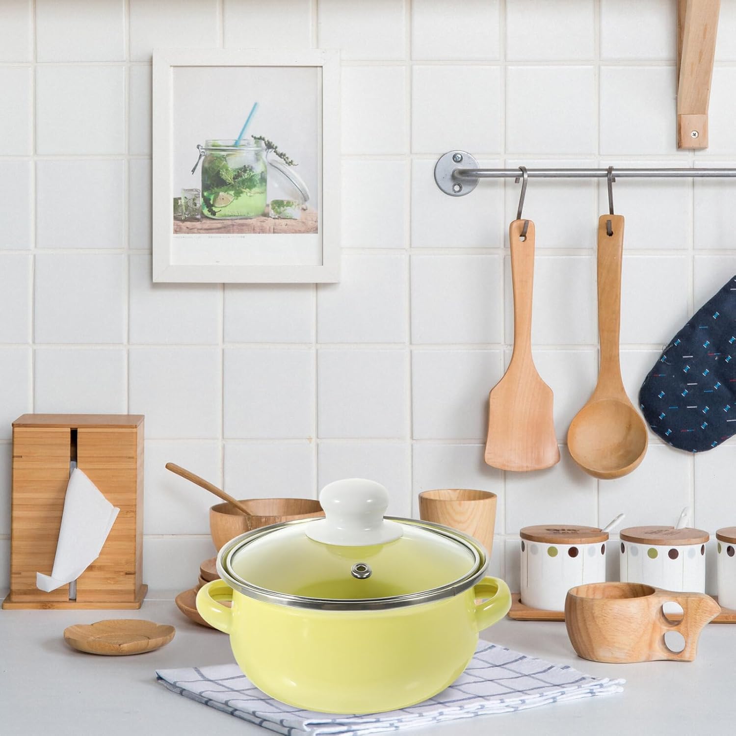 3pcs Retro Enamel Stockpot Set Stew Bean Cooking Pot with Lid Handle Vintage Thicken Soup Pot Kitchen Induction Stock Pot Deep Enamelware Yellow/128, 464895