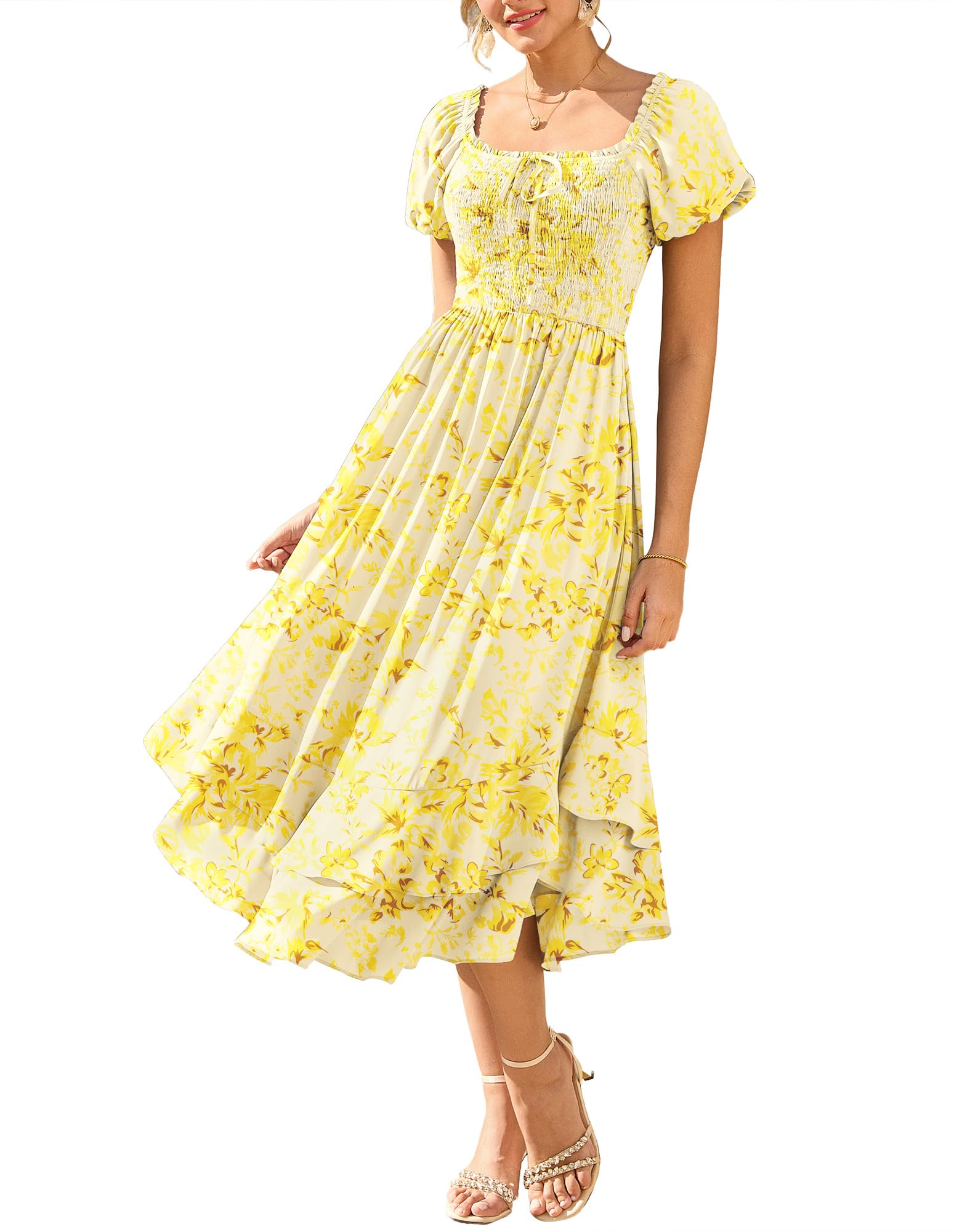 GRACE KARIN Damen Sommerkleid Puffärmel A-Linie Maxi Blumenkleid mit Taschen für Hochzeitsgäste Strand
