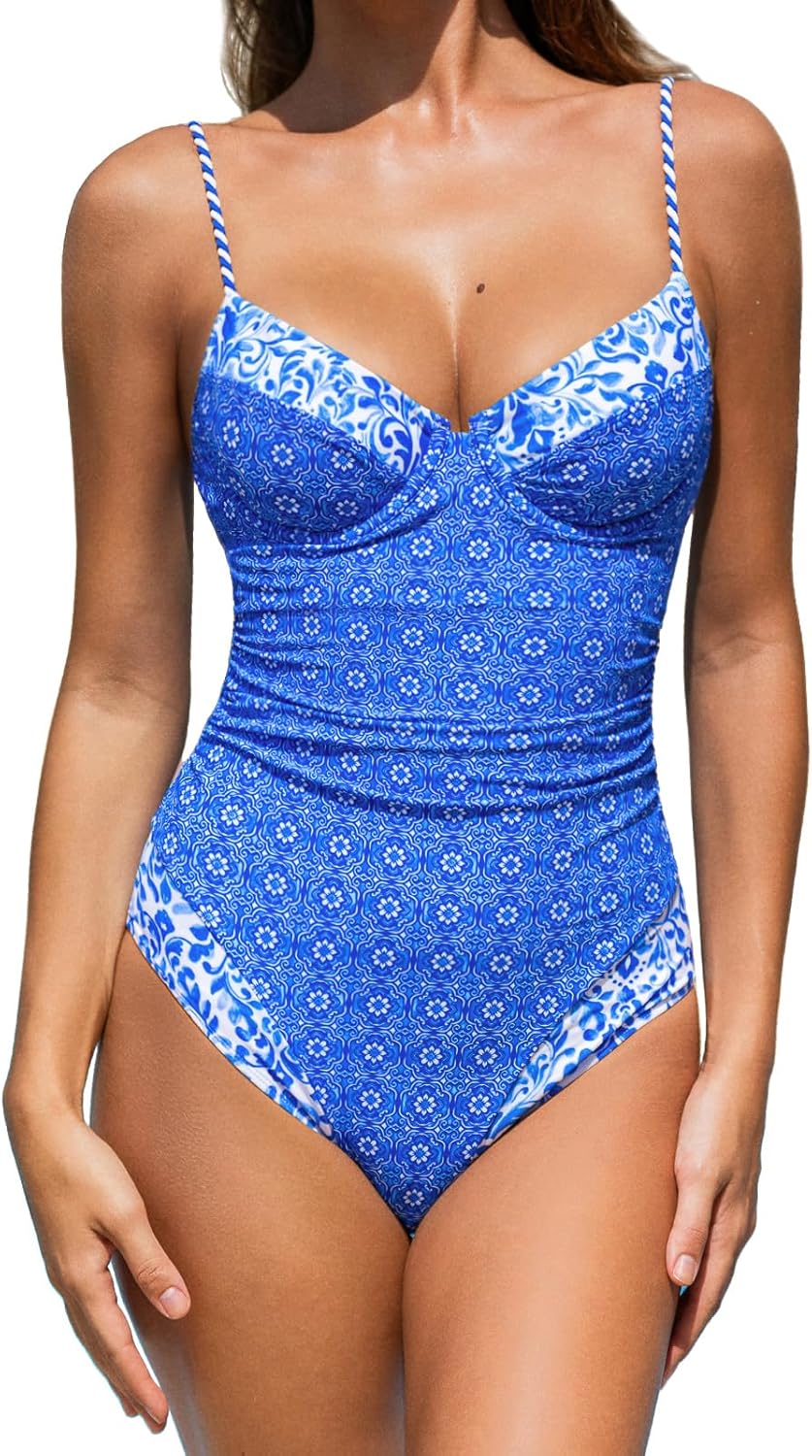 CUPSHE Women's One Piece Swimsuit V Neck Color Block Underwire Push Up Ruching Tummy Control Back Cutout Retro Textured