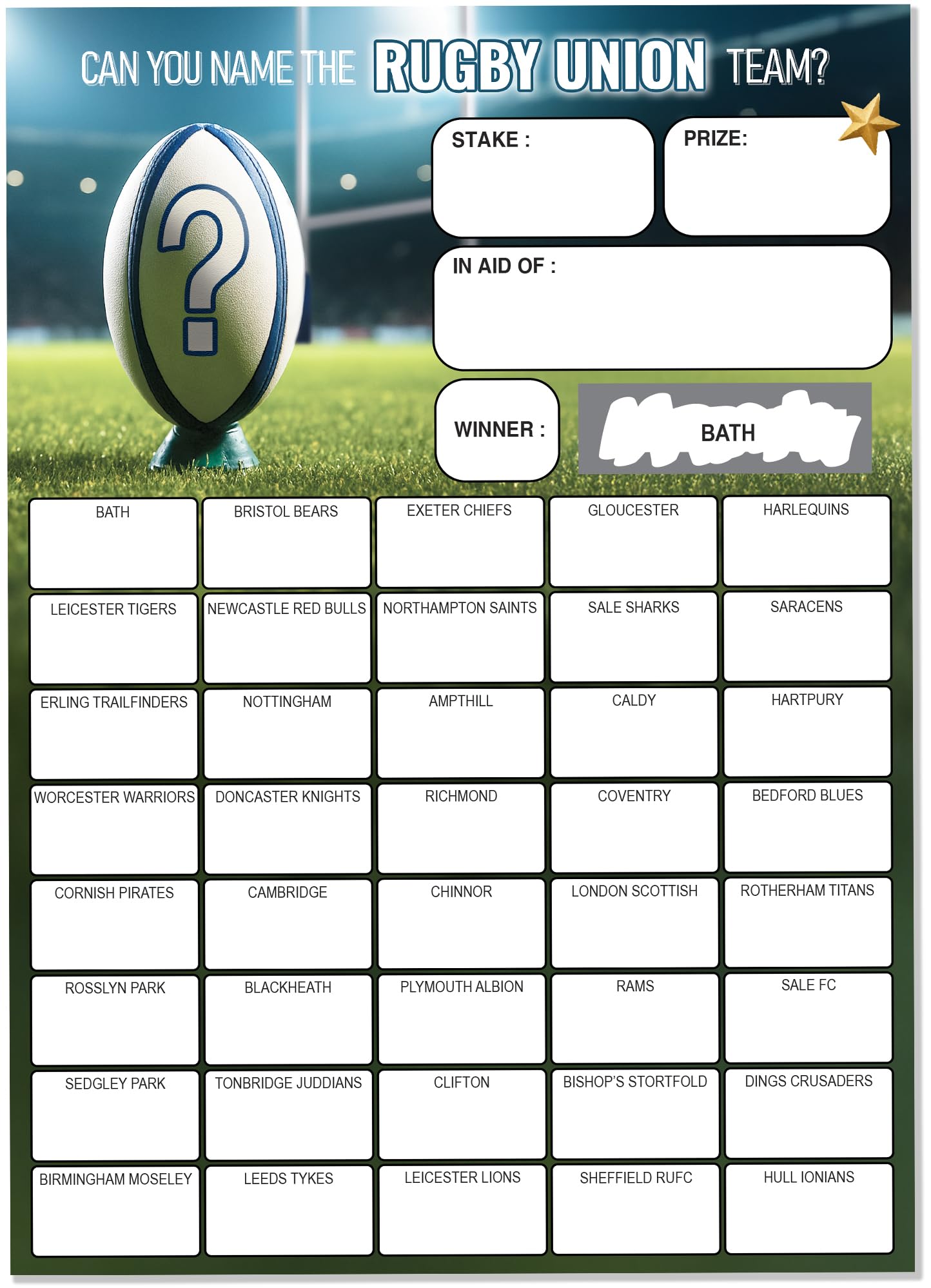 10 x Rugby Union Fundraiser Cards - Large A5 Size - 40 Squares and Scratch Off Winner for Fundraising