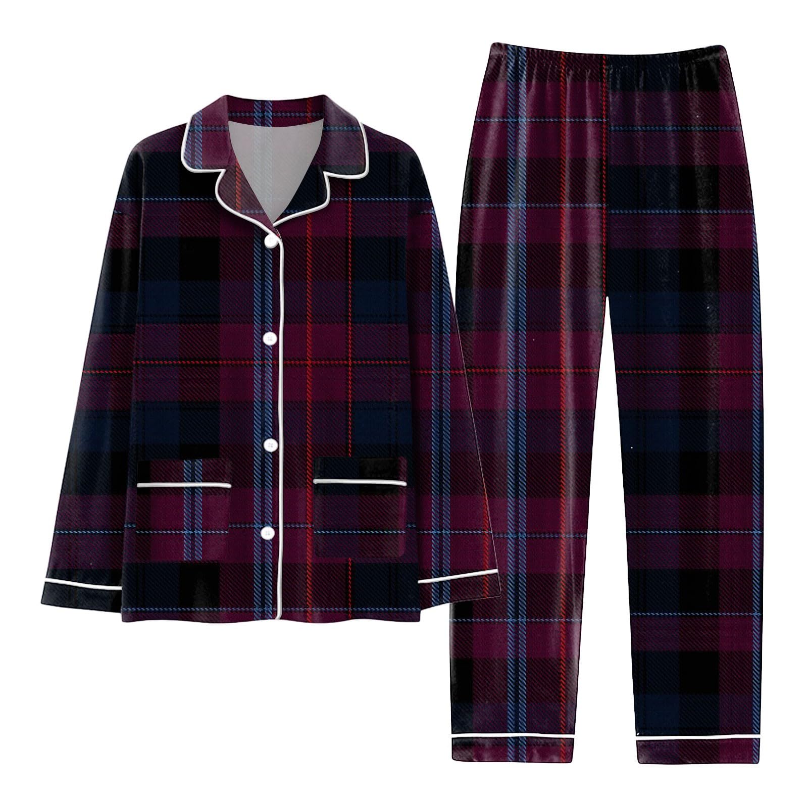 Generisch Pijama largo de invierno para hombre, conjunto de 2 piezas, ropa de dormir básica, pijamas y pantalones, tira de botones, juego de pijama de dos piezas