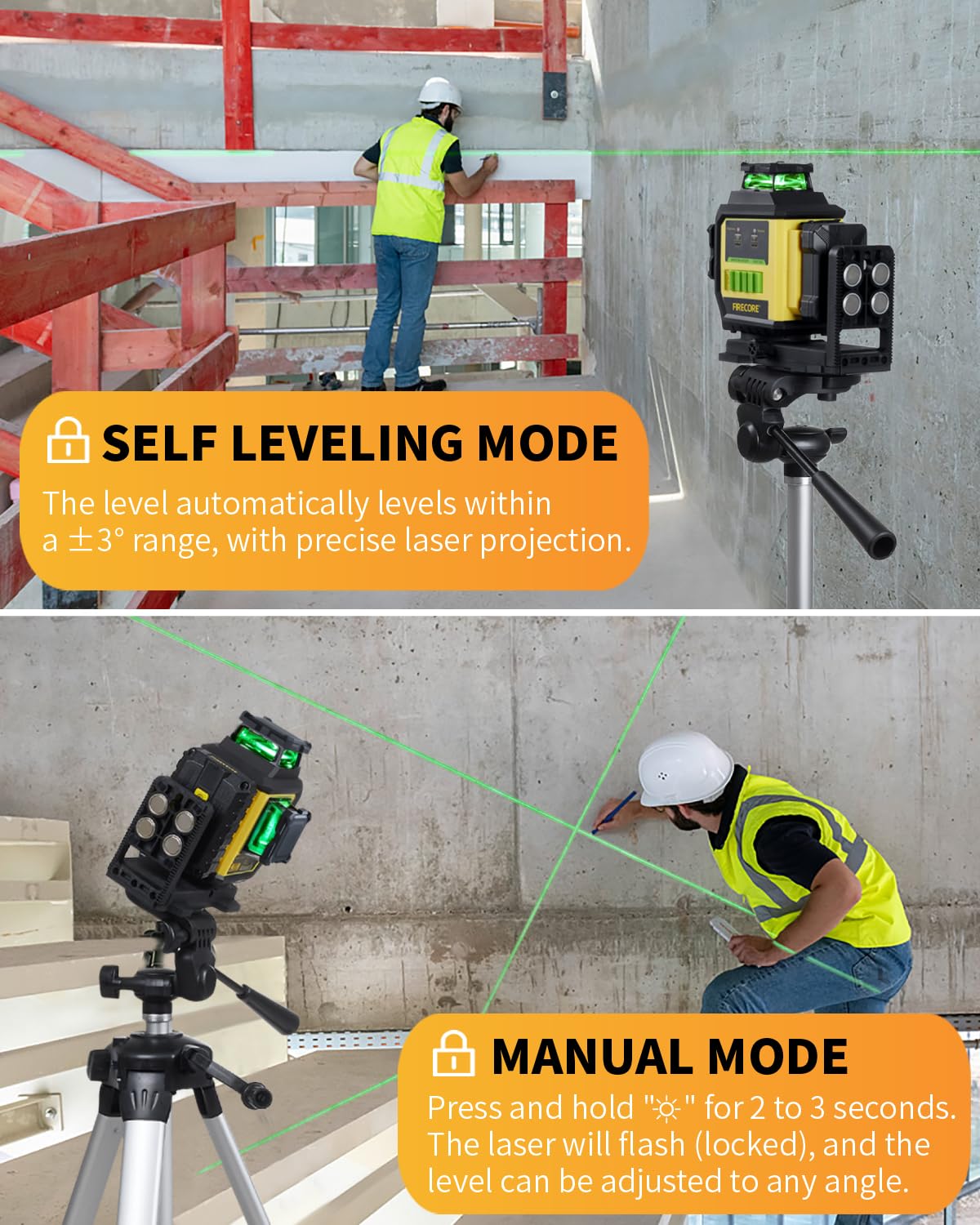 Firecore Nivel láser, Nivel Laser Autonivelante 3x360 con trípode, Alta Precisión ±2 mm/10 m, Láser Level Verde con Batería de Litio 8000 mAh, Ideal para Obra de Construcción y Renovación