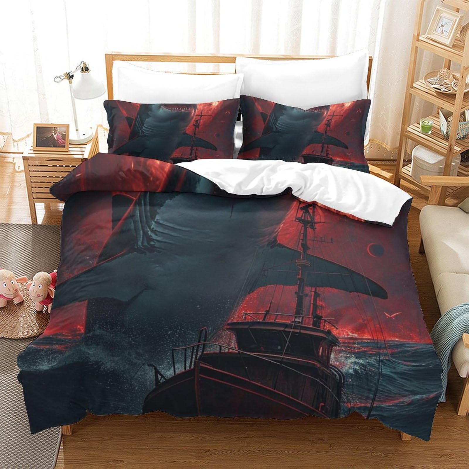 Linge de lit requin blanc imprimé 3D avec housse de couette super king douce 3 pièces