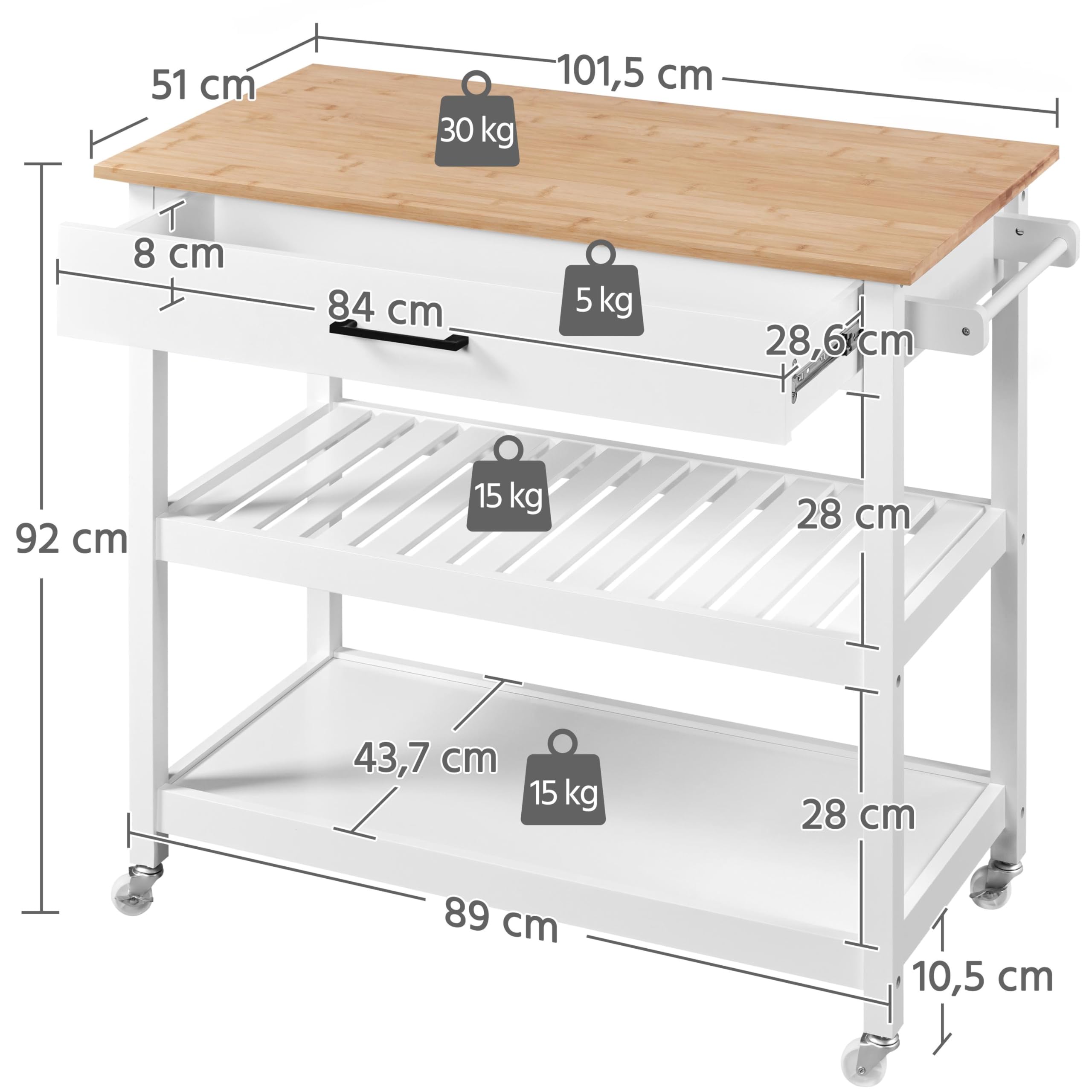 Yaheetech Servierwagen mit Schublade Küchenwagen mit 2 Ablagen Rollwagen Küchenrollwagen mit 4 Rollen Küchenregal Bewegliche Kücheninseln Beistelltisch 51 x 101,5 x 92 cm, weiß