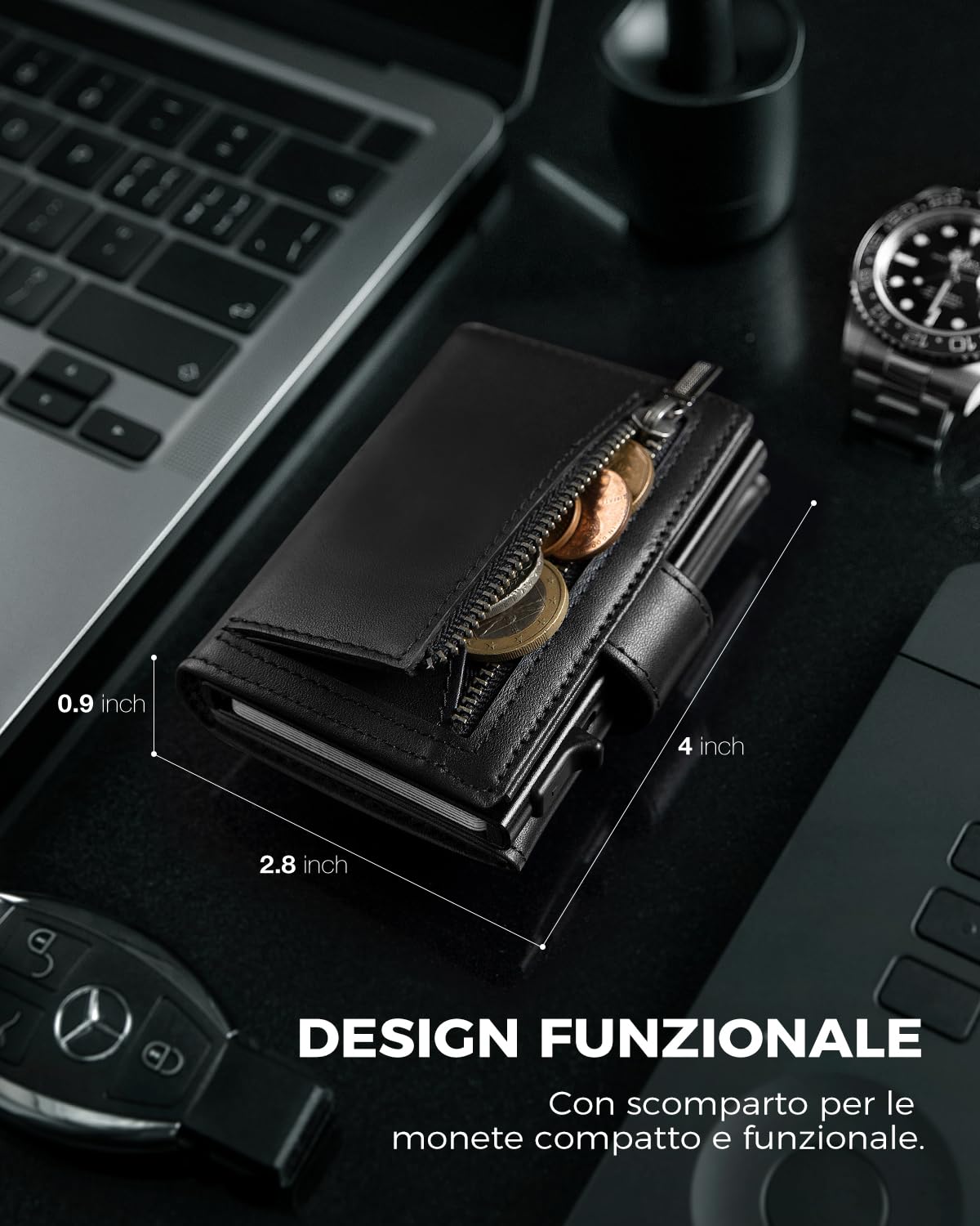 DODENSHA Portafoglio Uomo Piccolo | Porta Carte Credito Schermato | Portafoglio Uomo Slim RFID con Portamonete | Scomparto per Contanti | Custodia in Metallo Pop-up per 8-10 Carte | Slot ID | Pelle