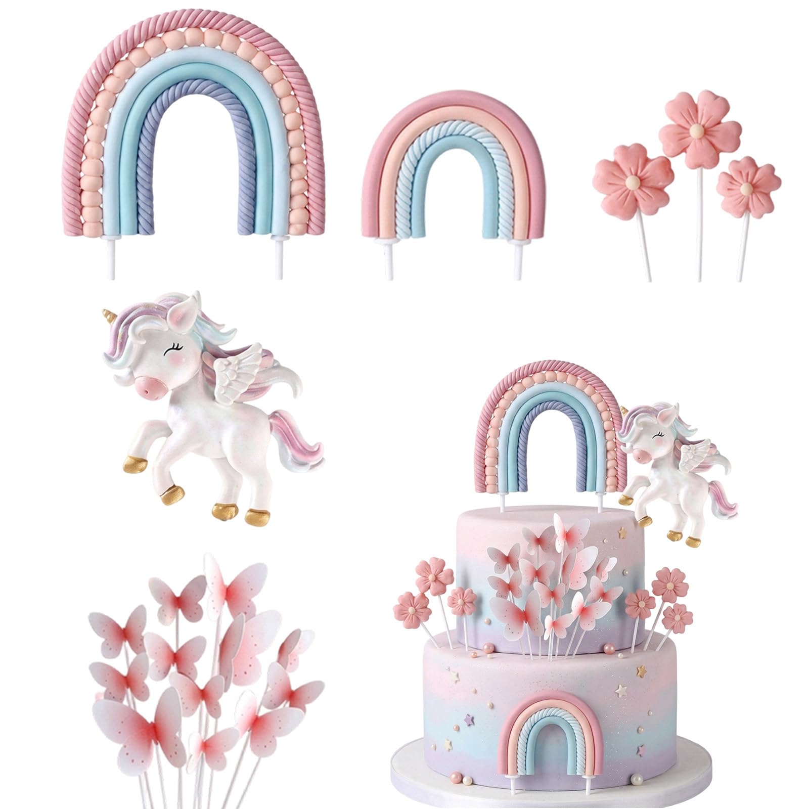 Unicorn Cake Topper, Magical Unicorn Cake Decorations for Girls Birthday Parties, Complete 18-Piece Set with Rainbow and Butterfly Toppers for Creative Cake Designing