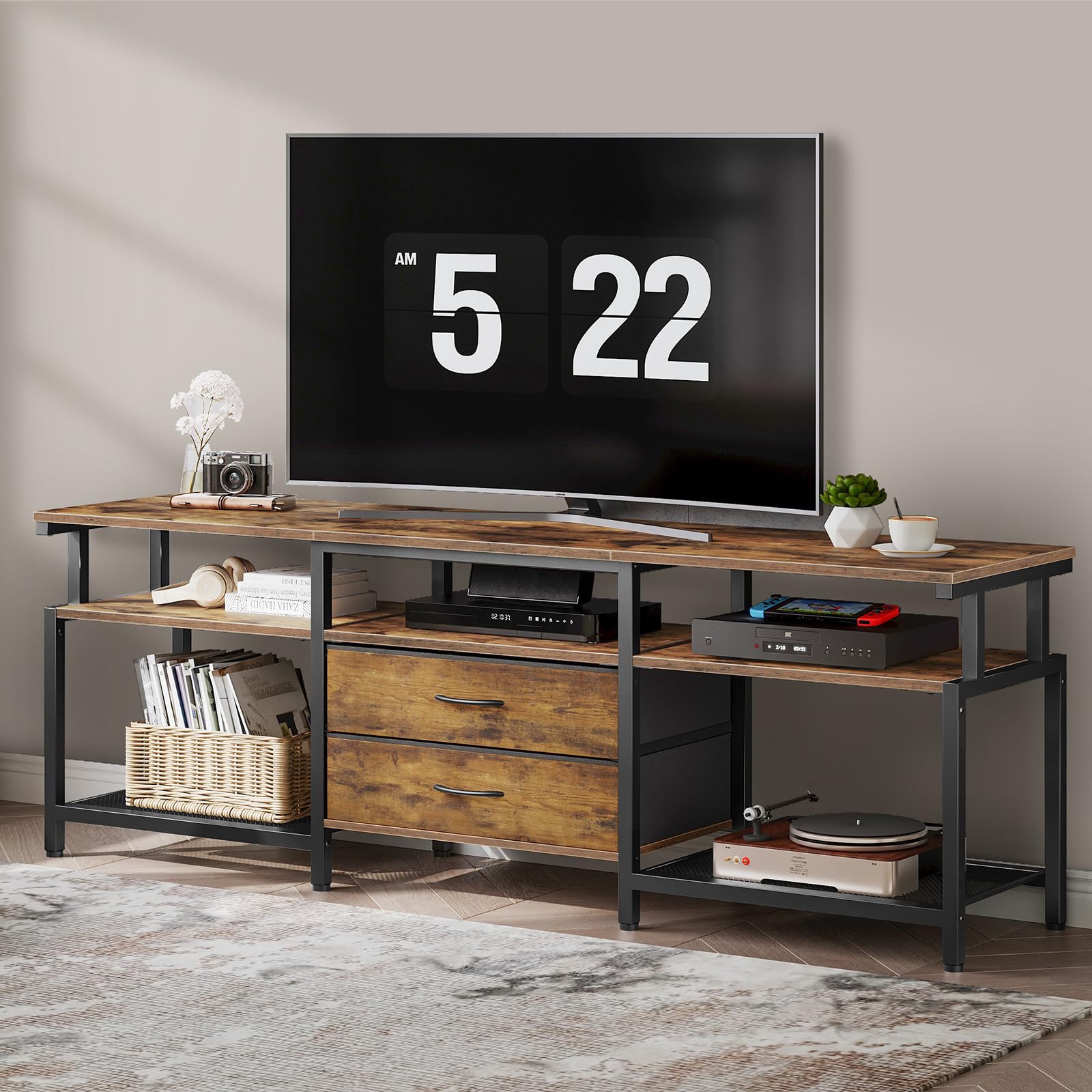 HOOBRO Mueble de TV, Soporte de Televisores de hasta 75 Pulgadas, Mueble Multimedia con Almacenamiento, Consola para TV con Estantes y 2 Cajones, para Salon, Marrón Rústico y Negro EBF55DS01
