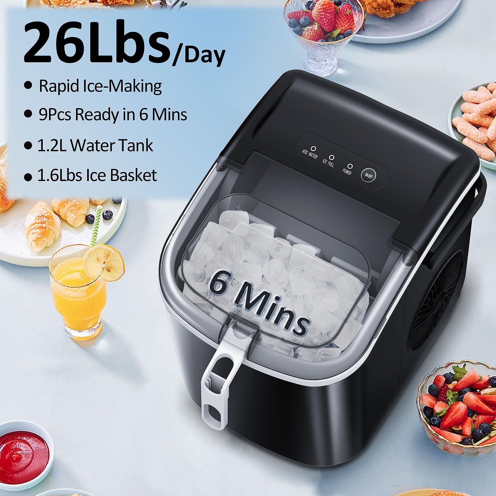 Antarctic Star Countertop Ice Maker Portable Ice Machine With Handle,Bullet Ice, Automatic-Cleaning Ice Makers, 26lbs/24h, 9 Ice Cubes Ready In 6 Mins For Home Kitchen Bar Party (Black) on Fridge.com - View 3
