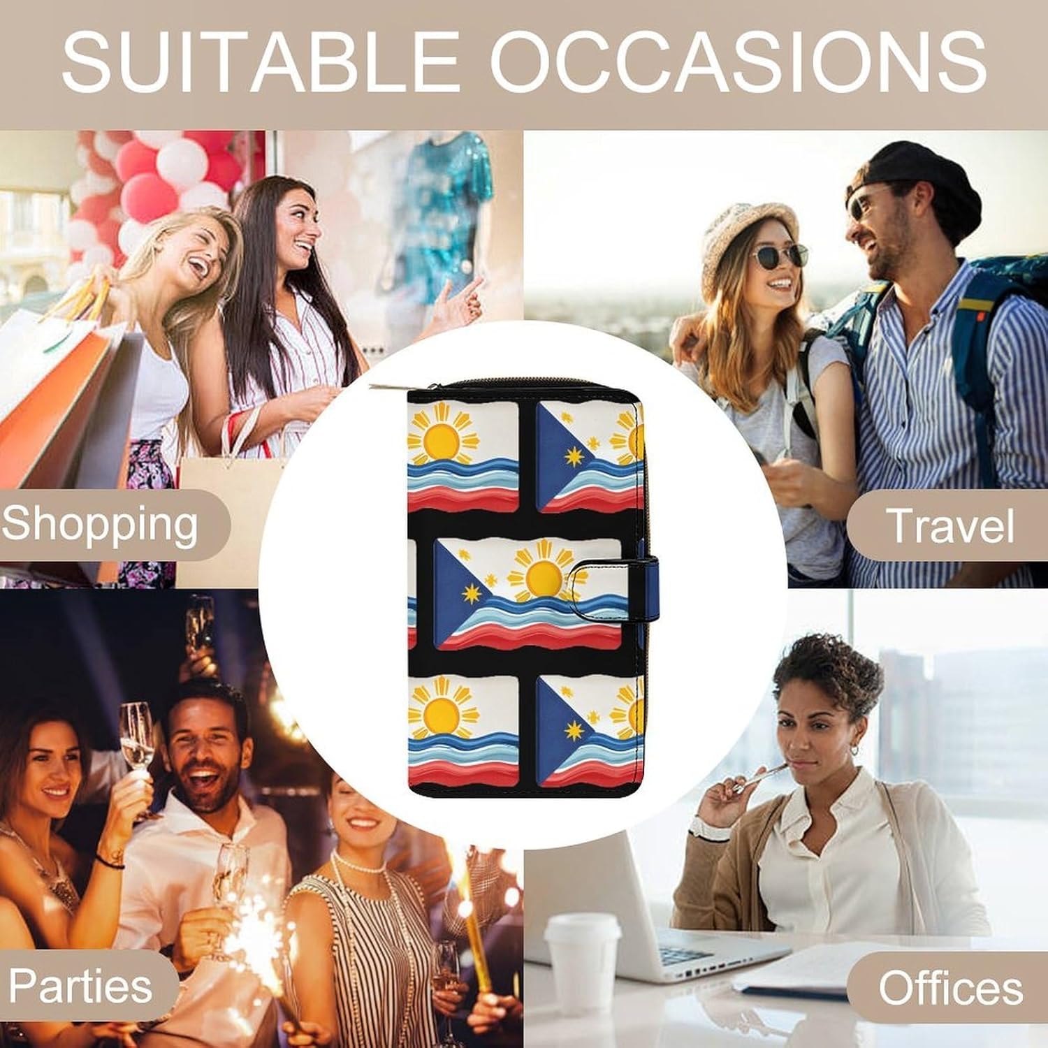 Filipino Philippines Sun Waves Women's Long Wallets Leather Purse Fold Clutch Credit Card Holder