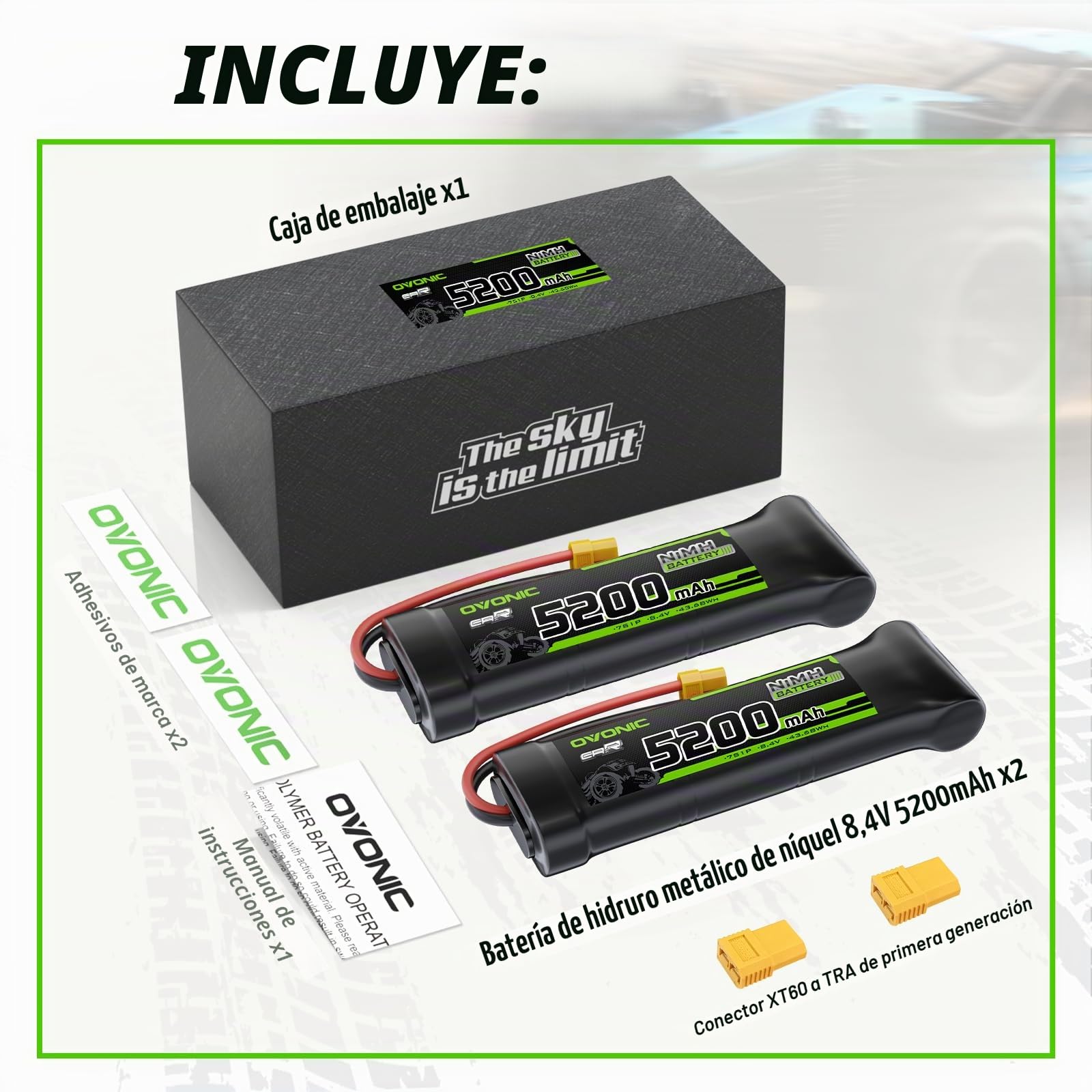OVONIC Batería plana de 8,4 V NiMH RC 5200 mAh con conector XT60 y TRA para coche RC Truck Truggy (2 paquetes)