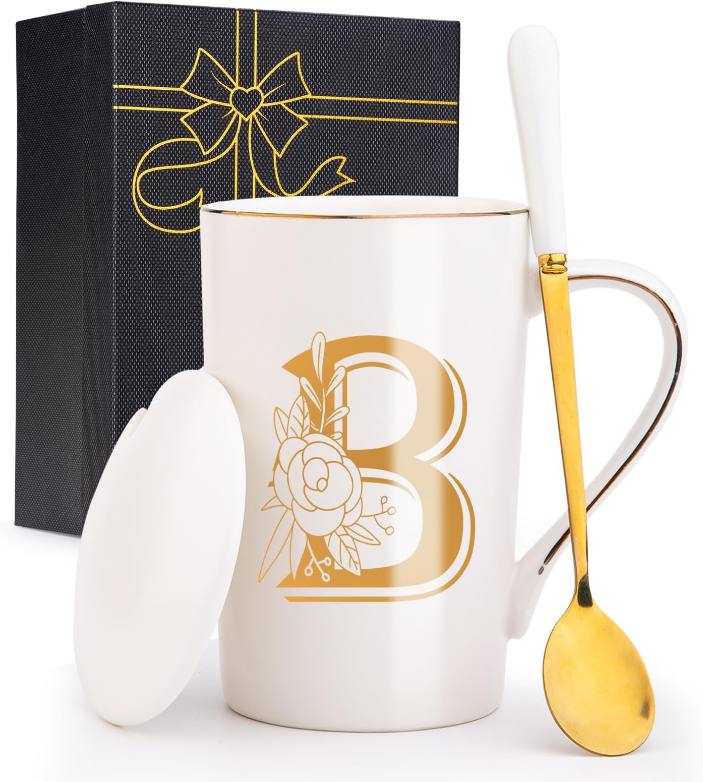 Letter B Personalized Initial Mugs with Flower, Letter B Personalized Coffee Mug, Customized Cool Letter Mugs for Women, Bridal Shower Gifts, Women's Initials Gifts Mug 14 OZ Matte White